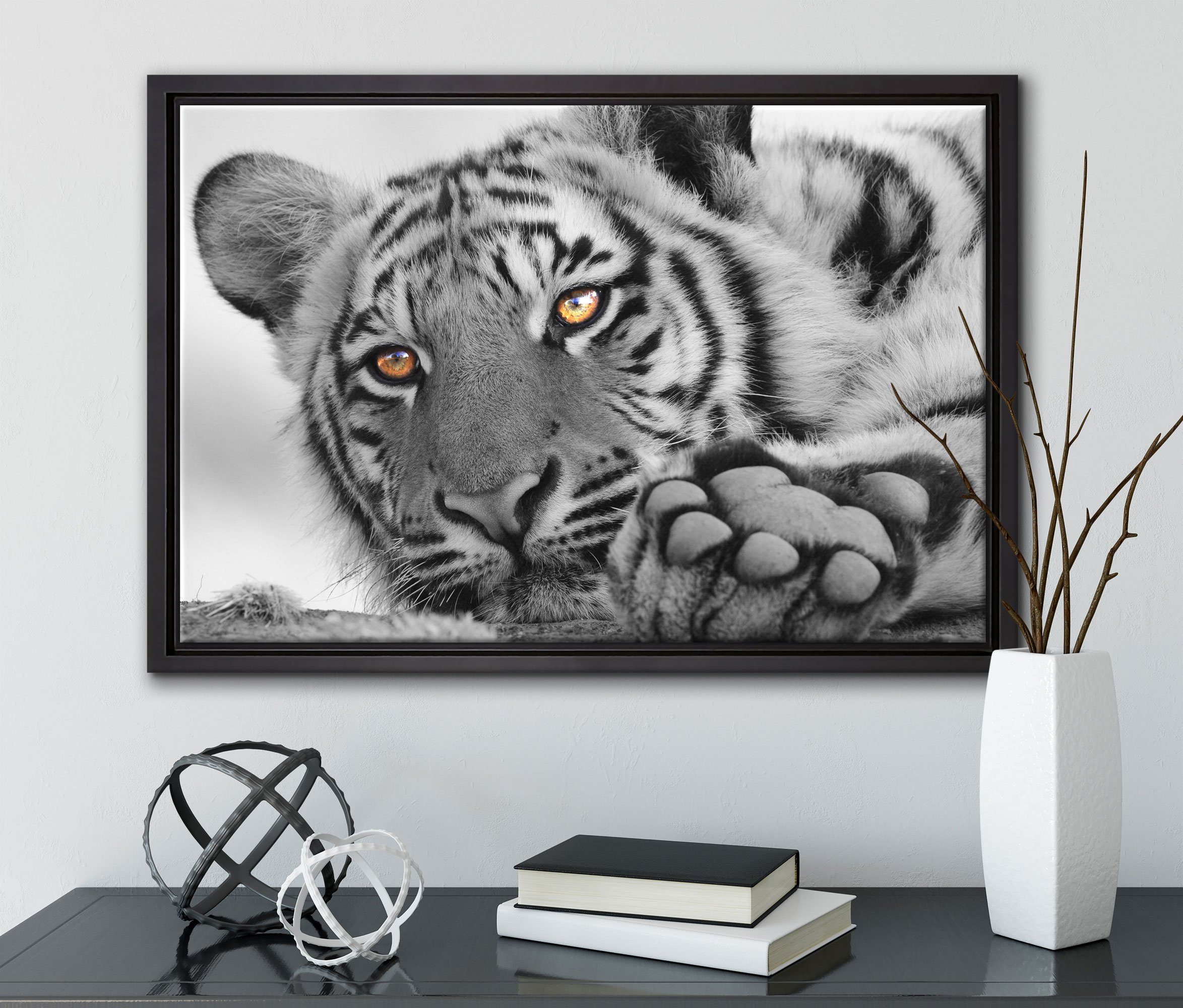Pixxprint Leinwandbild entspannter Tiger, Wanddekoration St), gefasst, inkl. Zackenaufhänger in einem fertig Leinwandbild (1 bespannt, Schattenfugen-Bilderrahmen