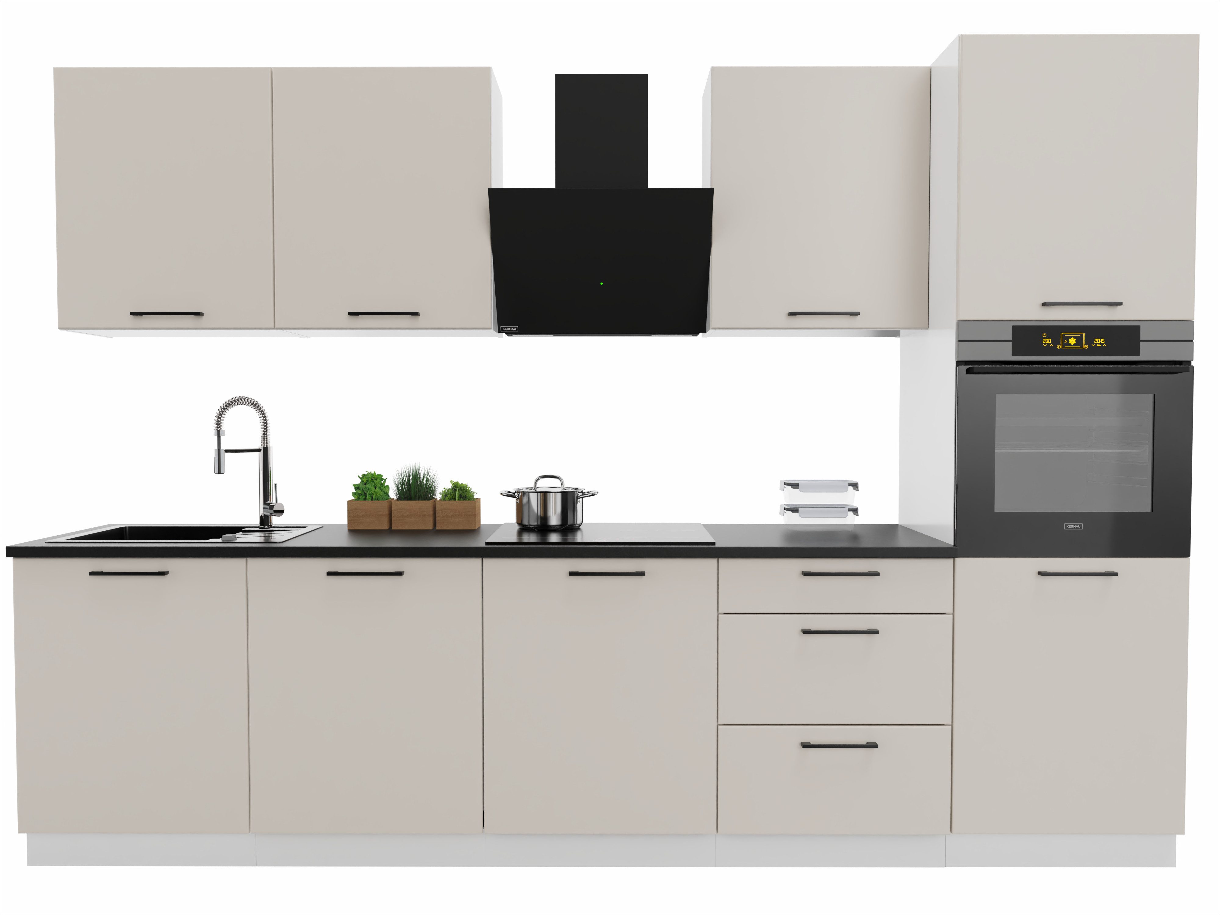 Möbel für Dich Кухниzeile Moderne Einbauküche Denis 300 cm 8-teilig, mit Fronten in Weiß Hochglanz oder Beige matt