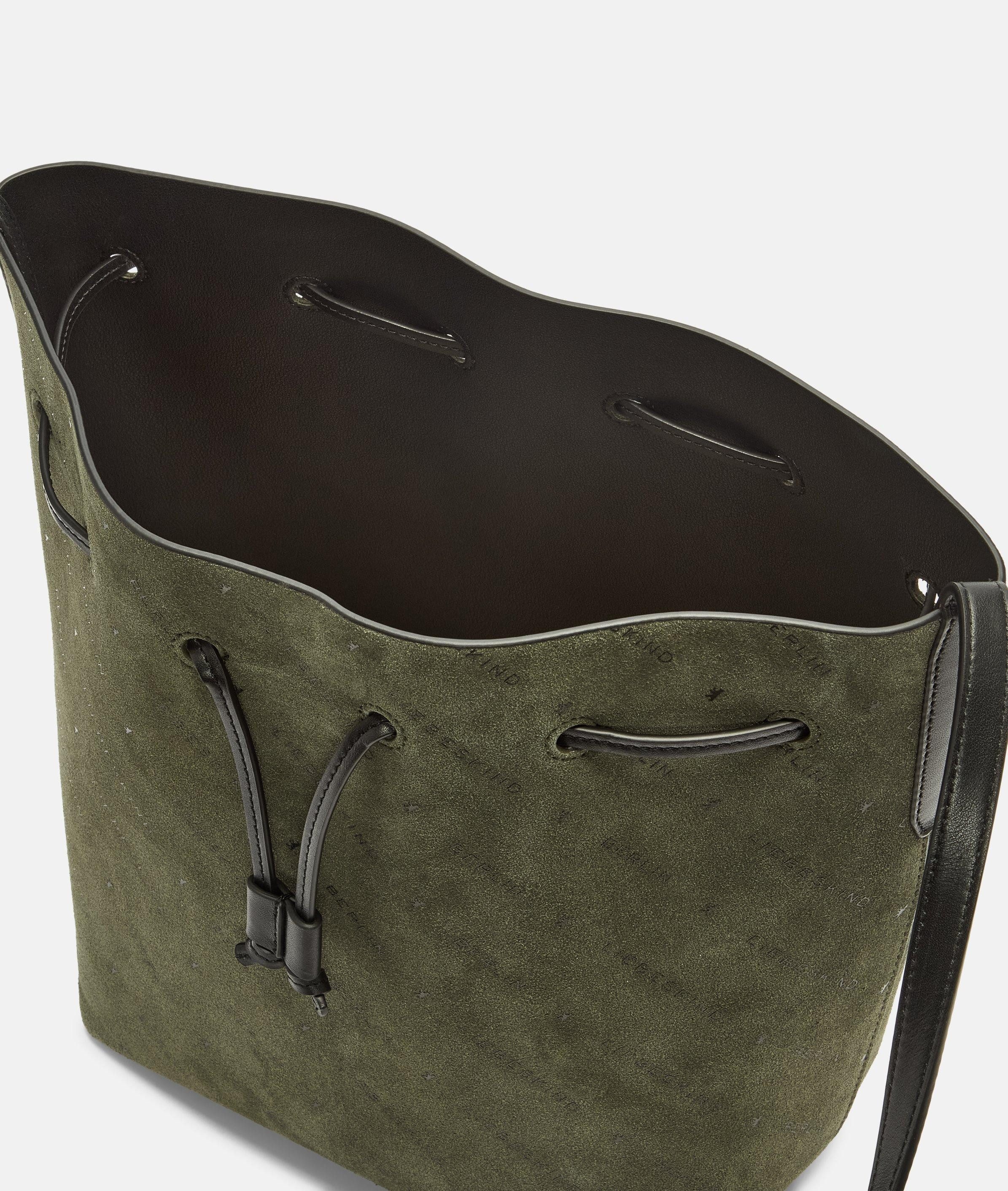 Liebeskind Berlin Schultertasche Monogram Bucketbag M, Umhängetasche aus Veloursleder mit Liebeskind Berlin Schriftzug