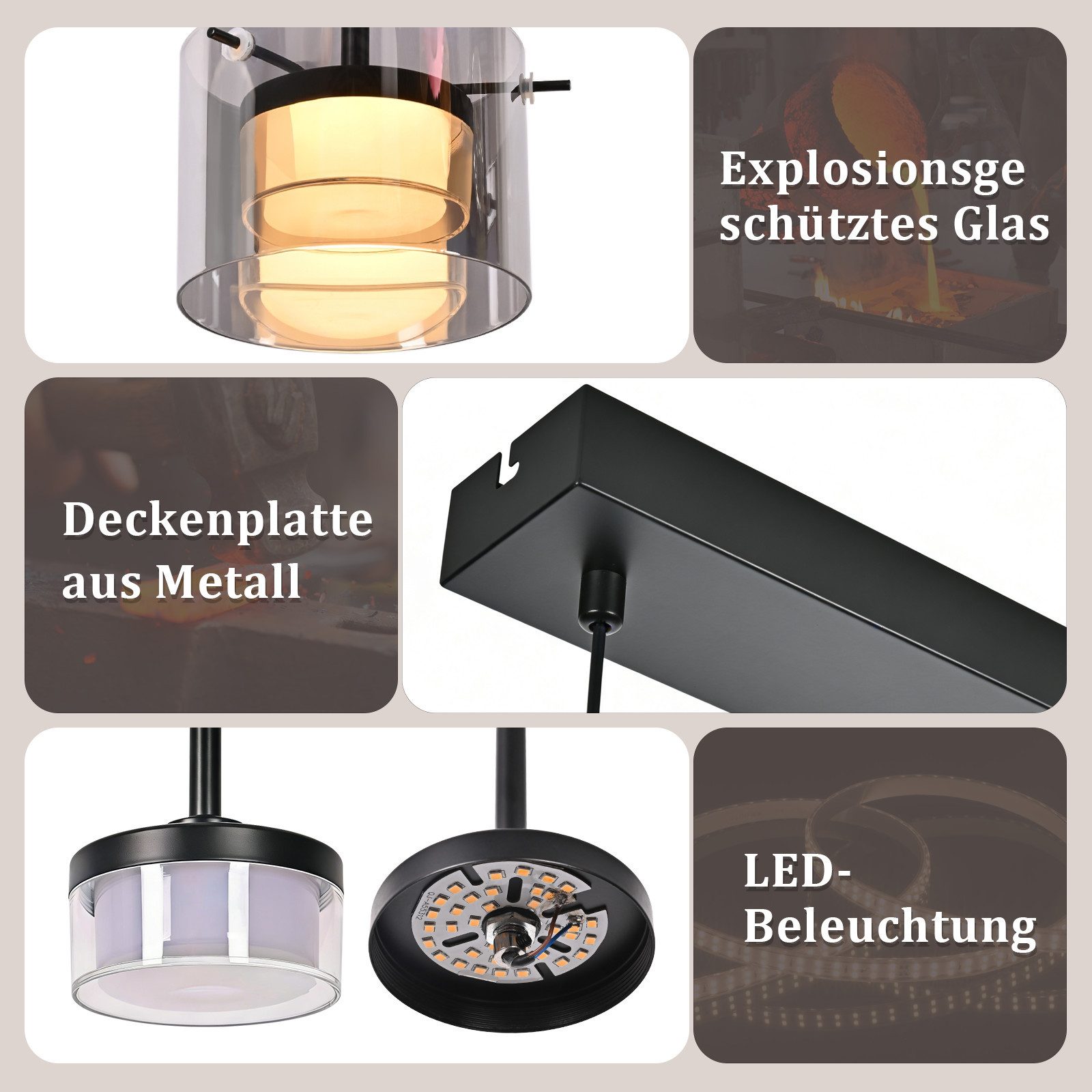 Nettlife LED Pendelleuchte 1/3/4flammig Retro Hängelampe Glas Esszimmerlampe 2700K Warmweiß, LED fest integriert, Extra-Warmweiß, für Esszimmer Wohnzimmer Küche – Bild 5 von 5