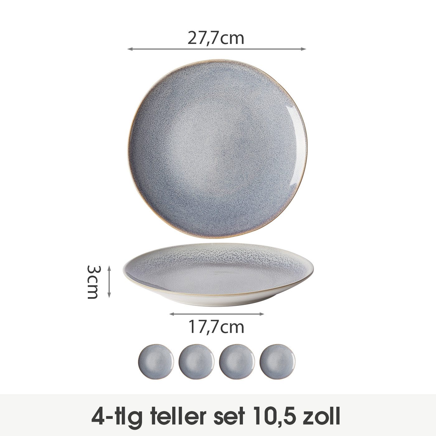 JIWOO Teller 4er Ø27,7cm, Speiseteller Steakteller Pastateller Dessertteller, (4 St), Keramik Hochwertiges Tellerset Blau Mikrowellenofen Spülmaschine