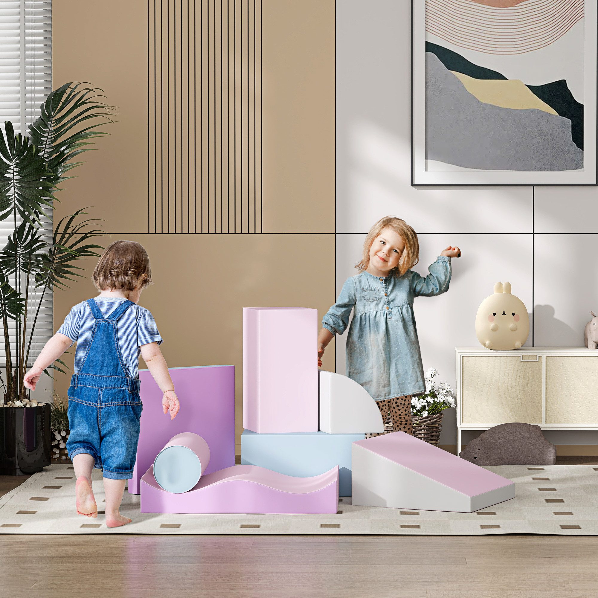 HOMCOM Bausteinset, Schaumstoffbausteine zum Toben & Klettern Spielbausteine, (Riesenbausteine, 7 St., Bausteinset), für Kinderzimmer und Kindergarten, Kunstleder, Bunt