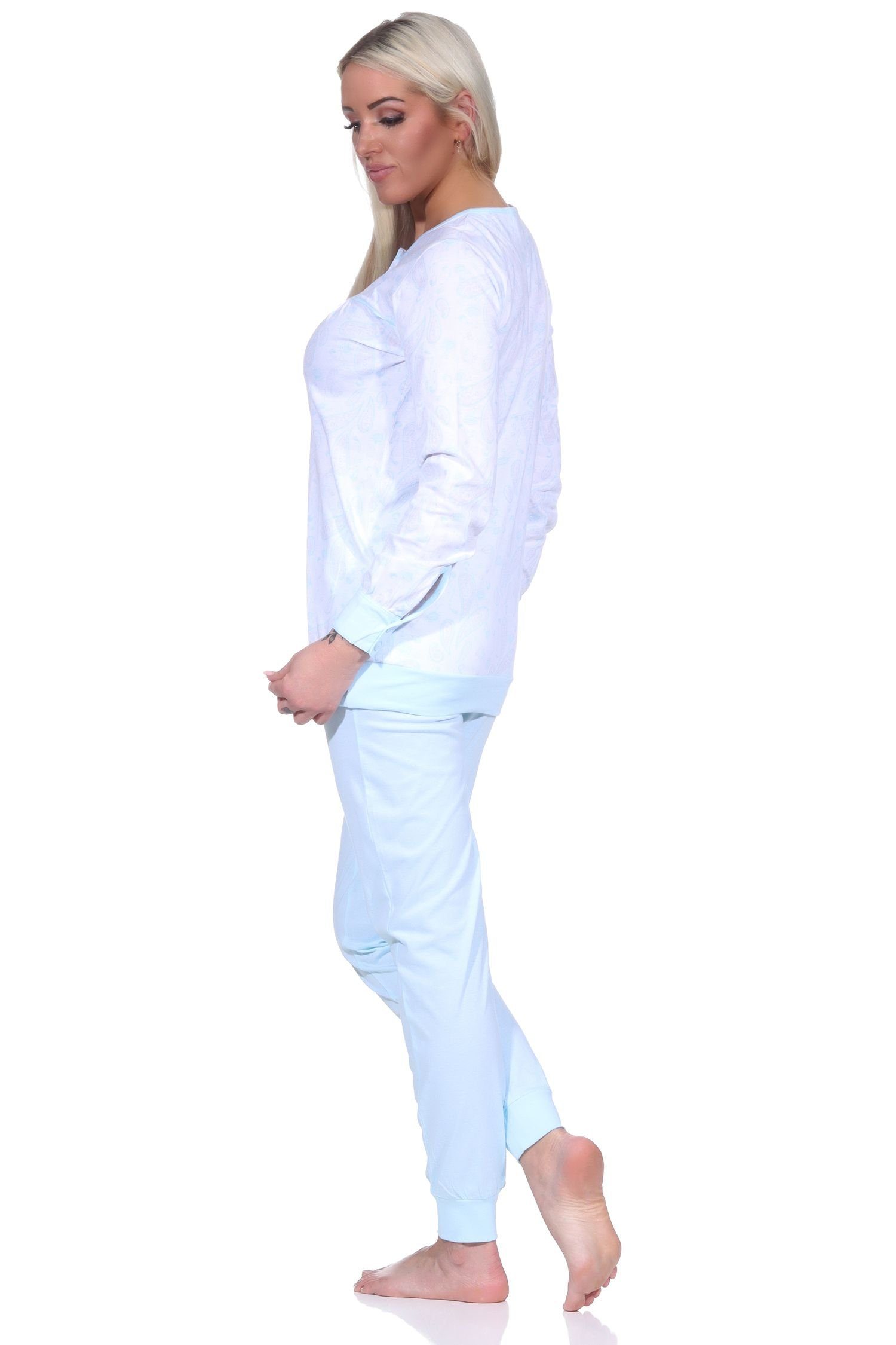 Hals hellblau und mit Knopfleiste Normann Design Schlafanzug Bündchen Paysley im Damen Pyjama