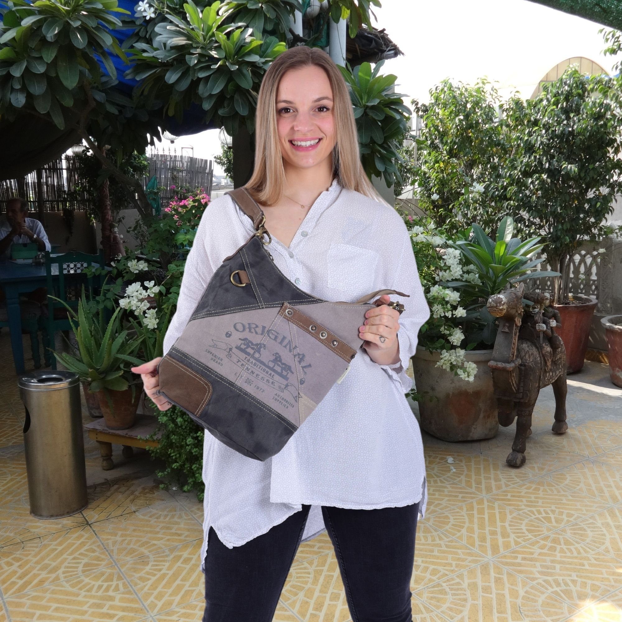 Sunsa Umhängetasche Graue Vintage Tasche. Damentasche in Hobo Form mit Pferde Aufdruck