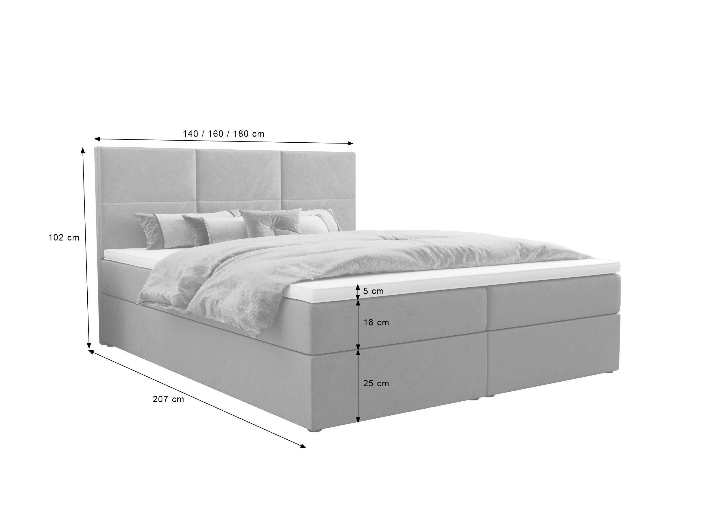 B&B Home Boxspringbett Boxbett Mallorca 140 160 180 cm (H3 Matratze Bonellfederung, Kopfteil, Bettkasten und Topper)