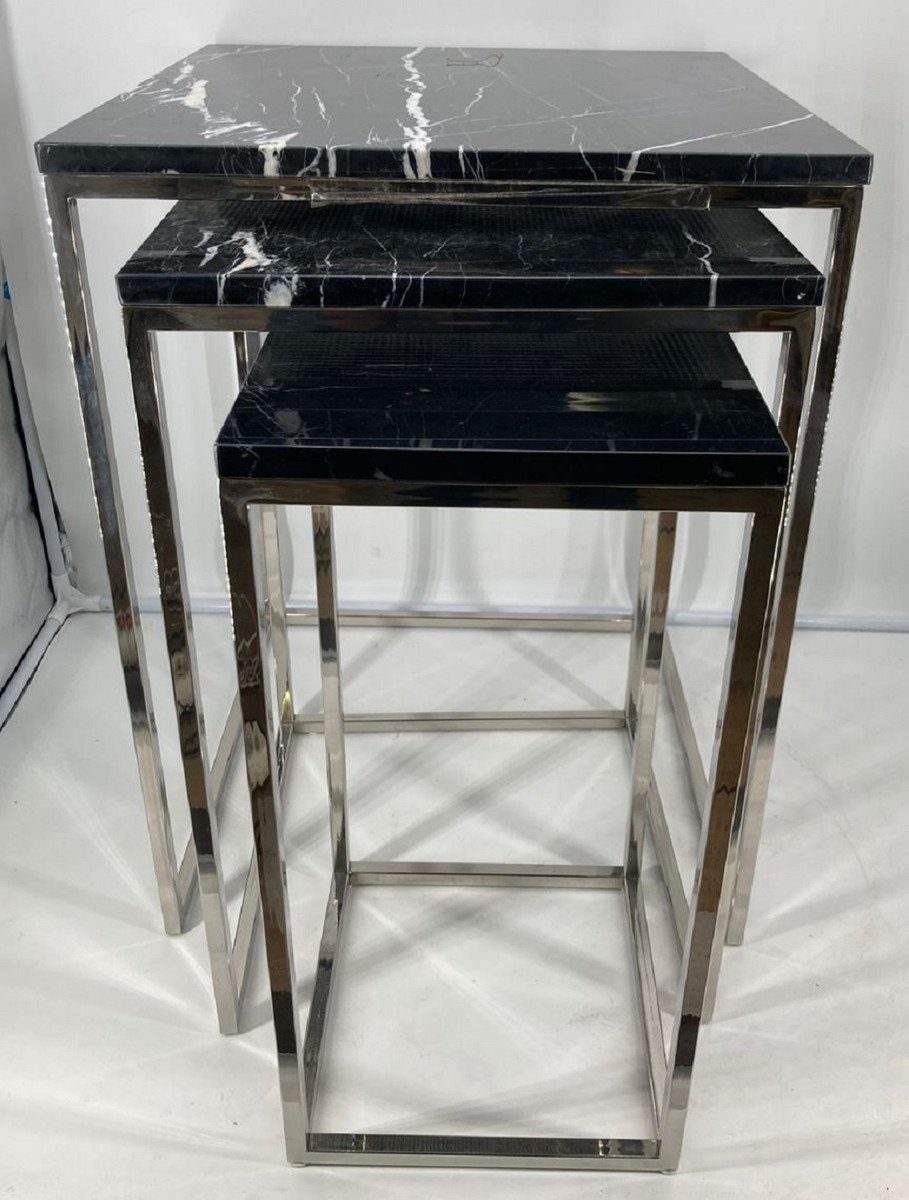 Casa Padrino Beistelltisch Luxus Beistelltisch 3er Set Silber / Schwarz - Edelstahl Tische mit Marmorplatte - Möbel - Luxus Kollektion