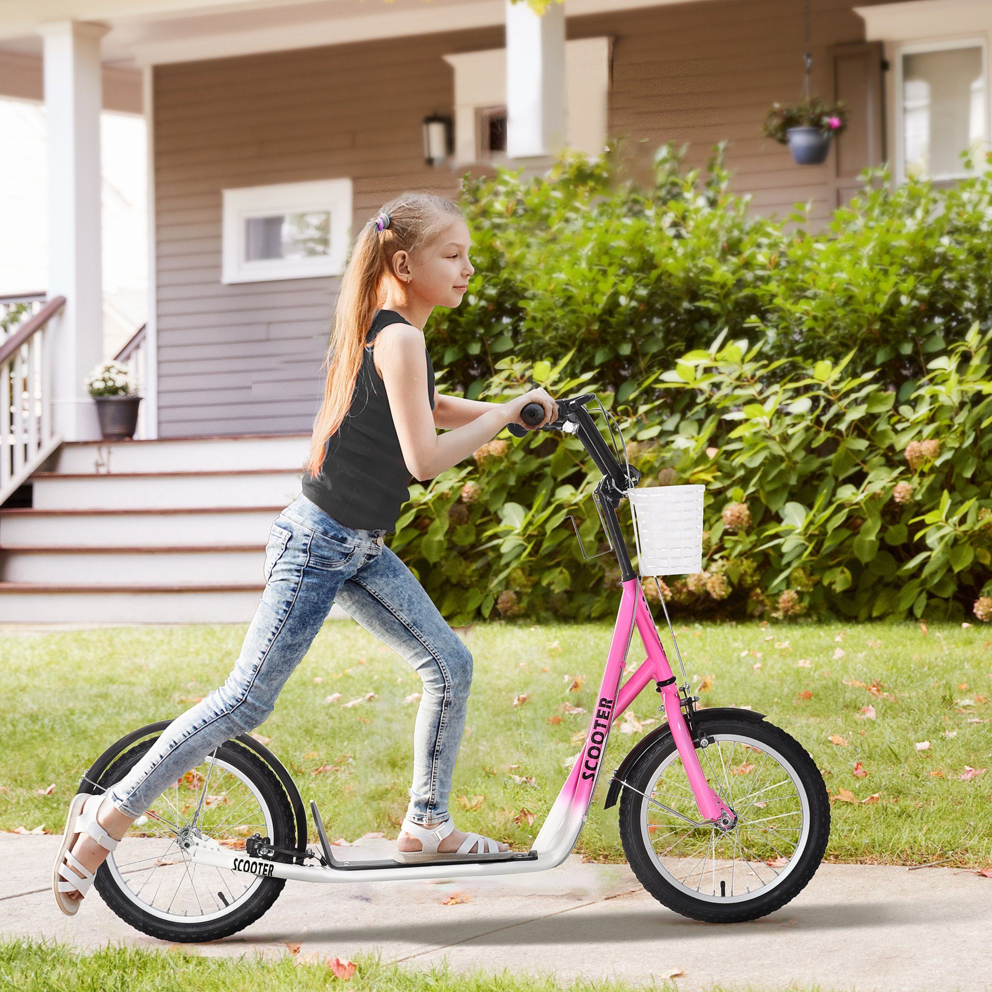 HOMCOM Городской скутер Kickscooter inkl. Korb, höhenverstellbar, für Kinder 5-12 Jahren, 1 km/h, (Roller, 1 tlg., Kickscooter), für 5-12 Kinder, Rosa+Schwarz