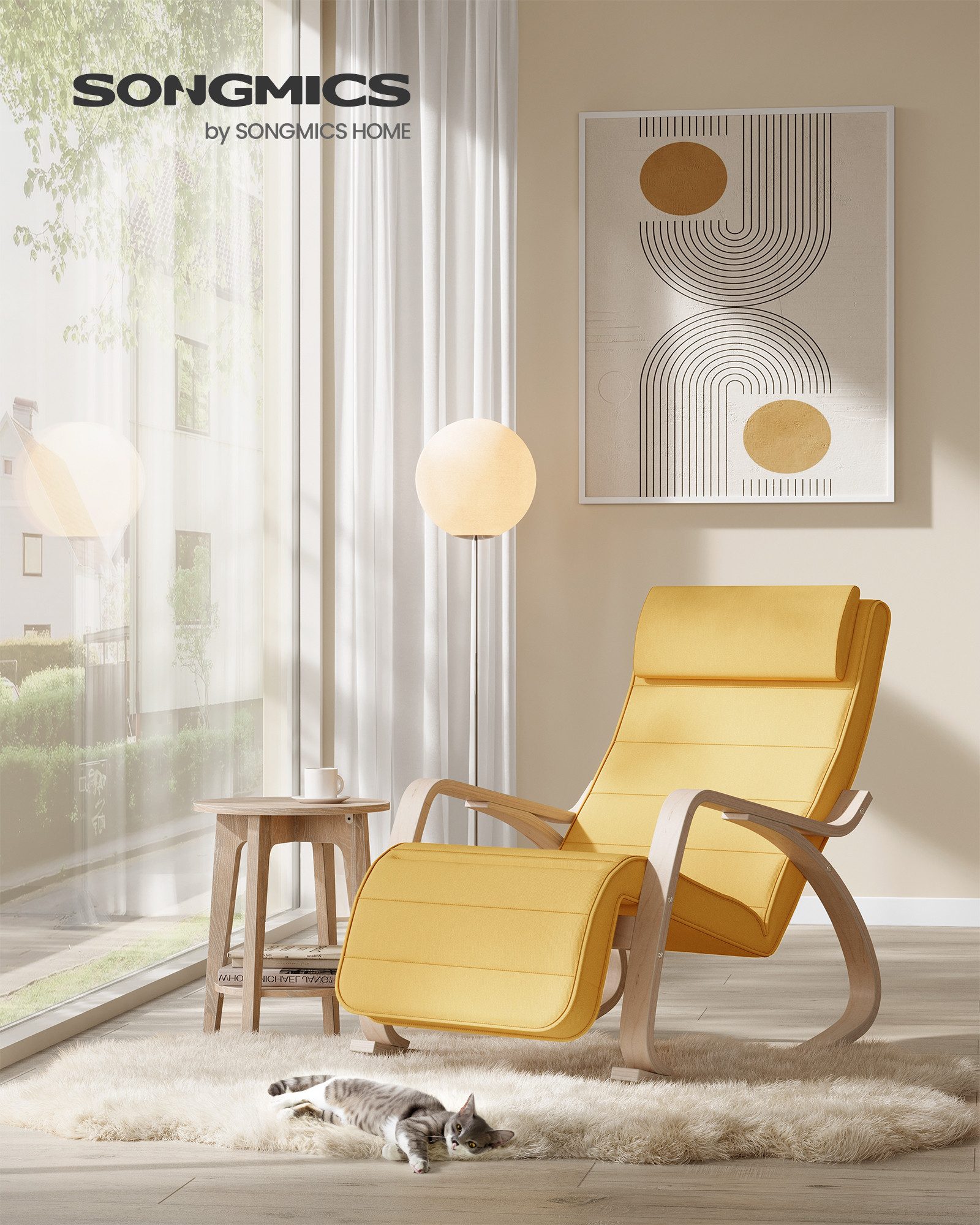 SONGMICS Schaukelsessel Schaukelstuhl, für Schlafzimmer, Wohnzimmer, 67 x 115 x 91 cm (mit Armlehnen aus Birkenholz), 5-fach verstellbare Fußstütze, bis 150 kg belastbar, pastellgelb