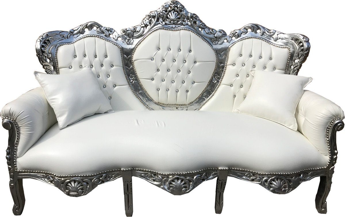 Casa Padrino 3-Sitzer Barock Lounge Sofa mit Bling Bling King 3er Wohnzimmer Silber Lederoptik Weiß Möbel Glitzersteinen - / Couch