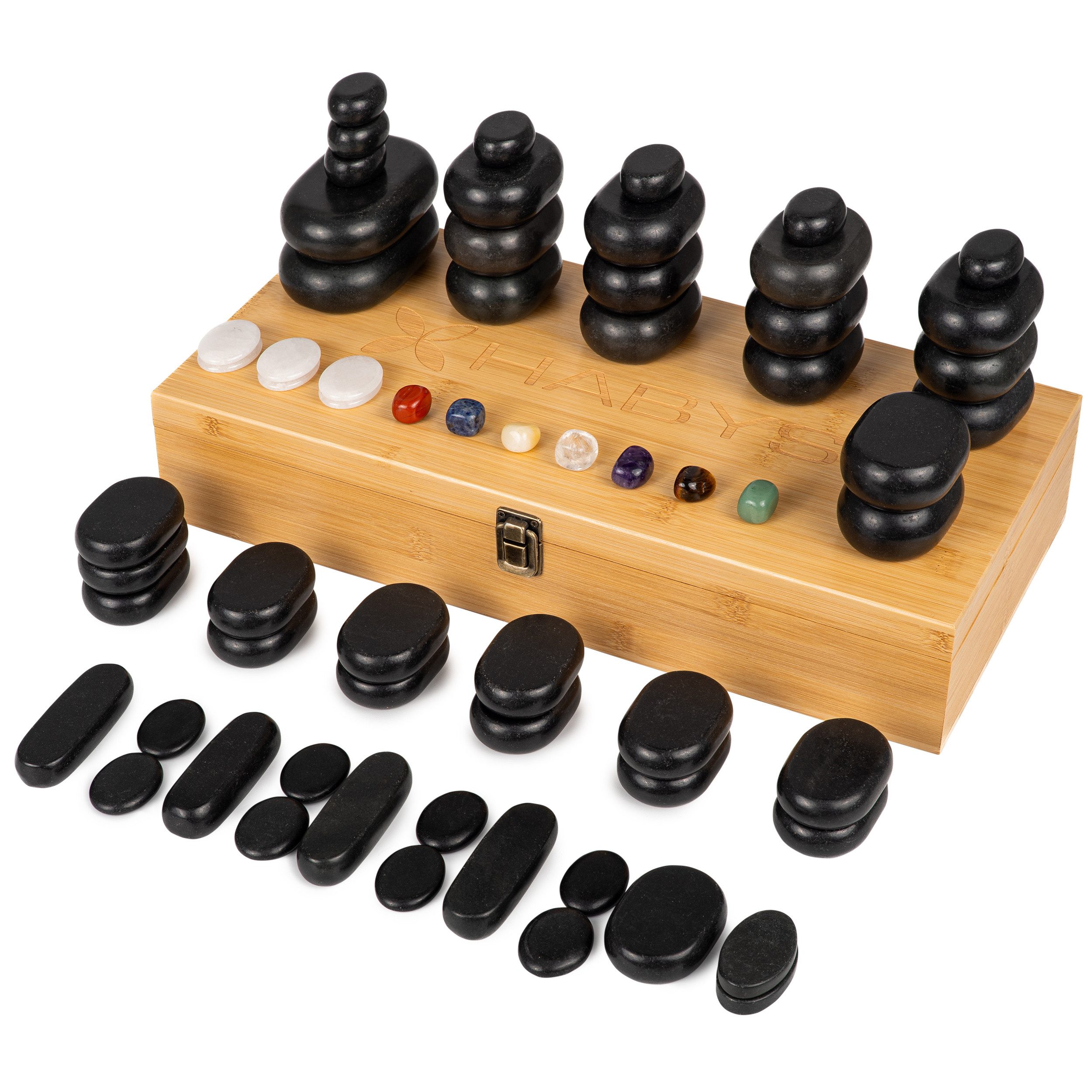 Habys Massageliege Hot Stone Massagestein - Set 64 - teilig, aus Basalt, mit Box