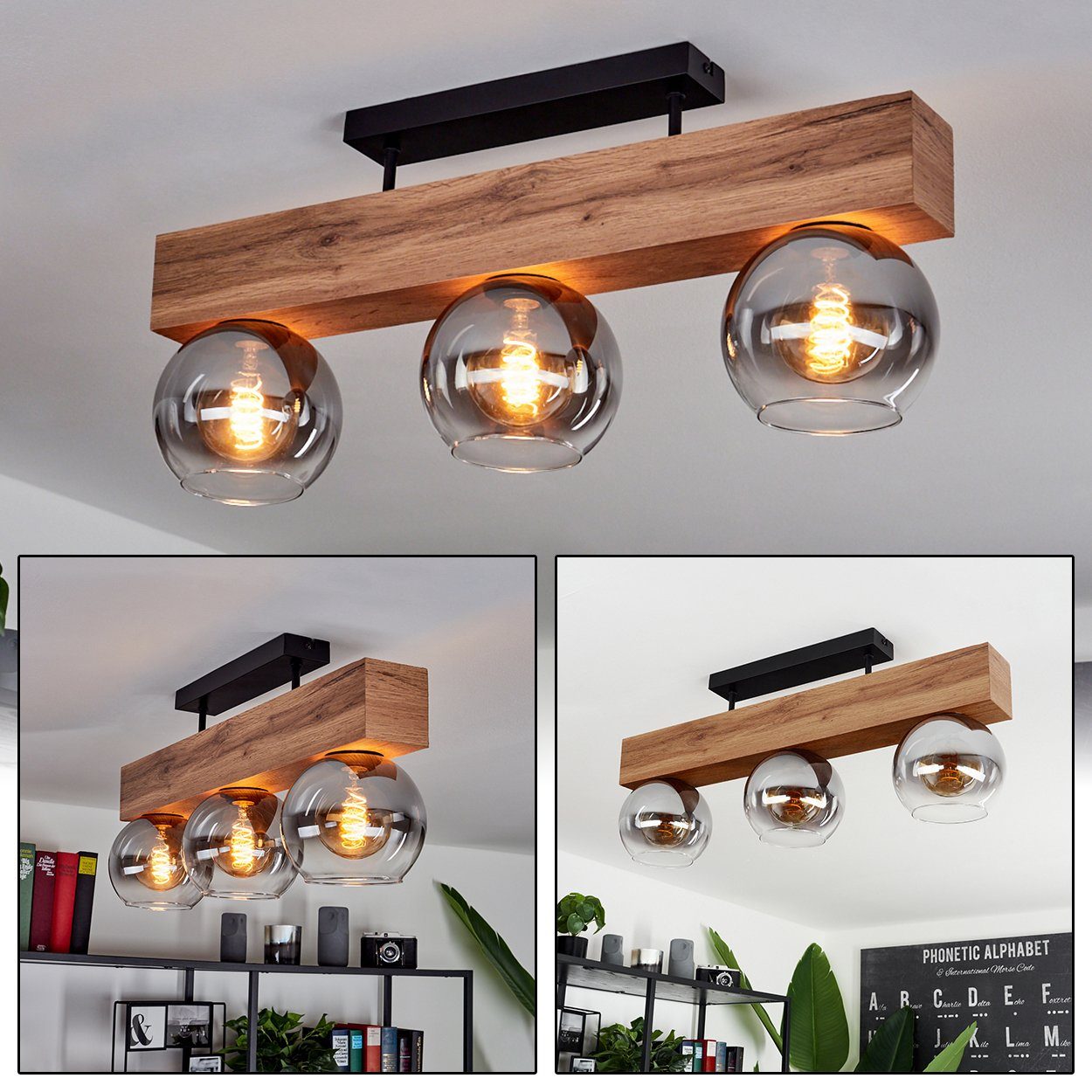 hofstein Deckenleuchte »Canove« Deckenlampe, Metall/MDF/Glas, Schwarz/Holzo günstig online kaufen