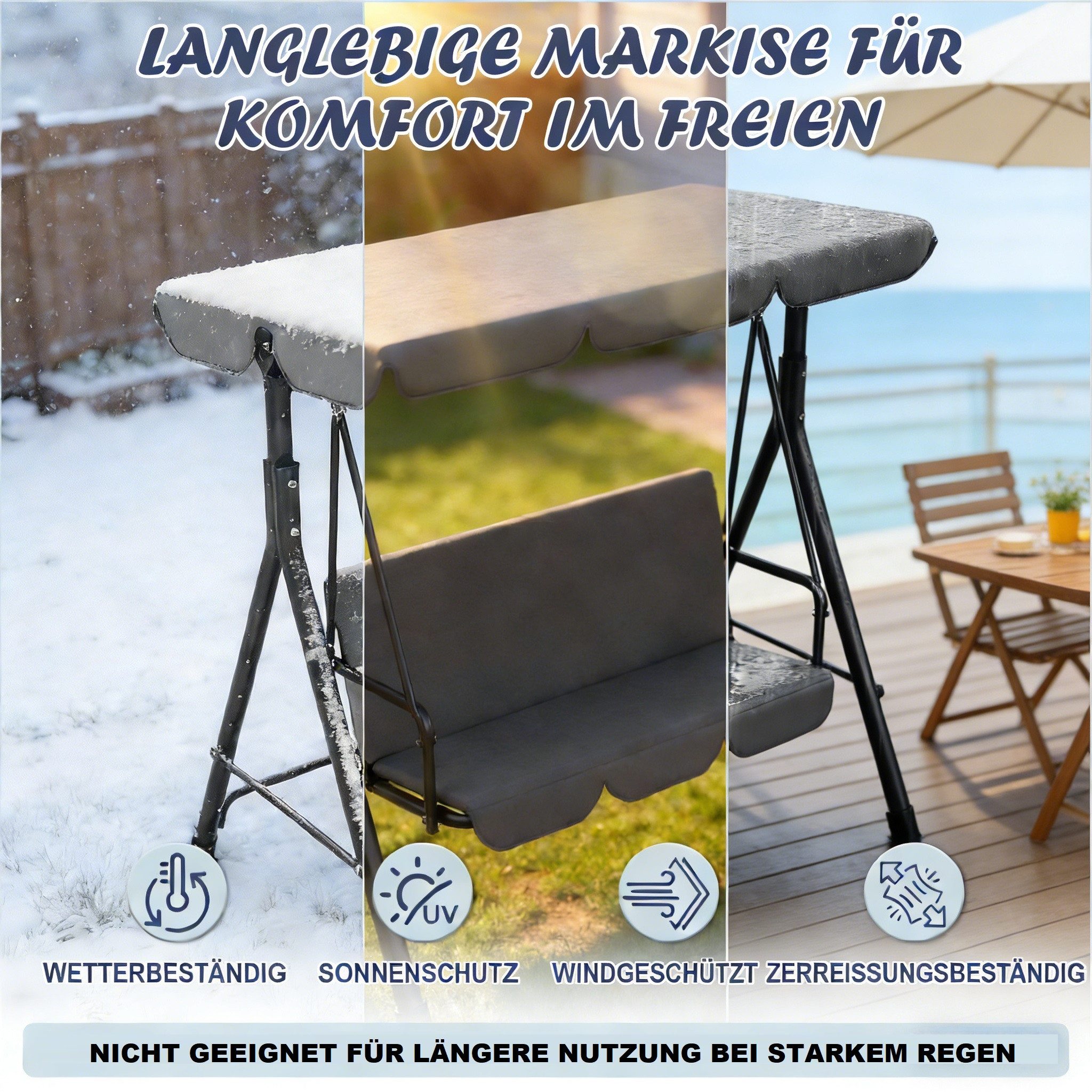 Huracan Hollywoodschaukel Schaukelbank mit Verstellbarem Sonnendach, 3-Sitzer, 193*110*152cm, bis 200 kg Tragfähigkeit, Ideal für Garten & Balkon
