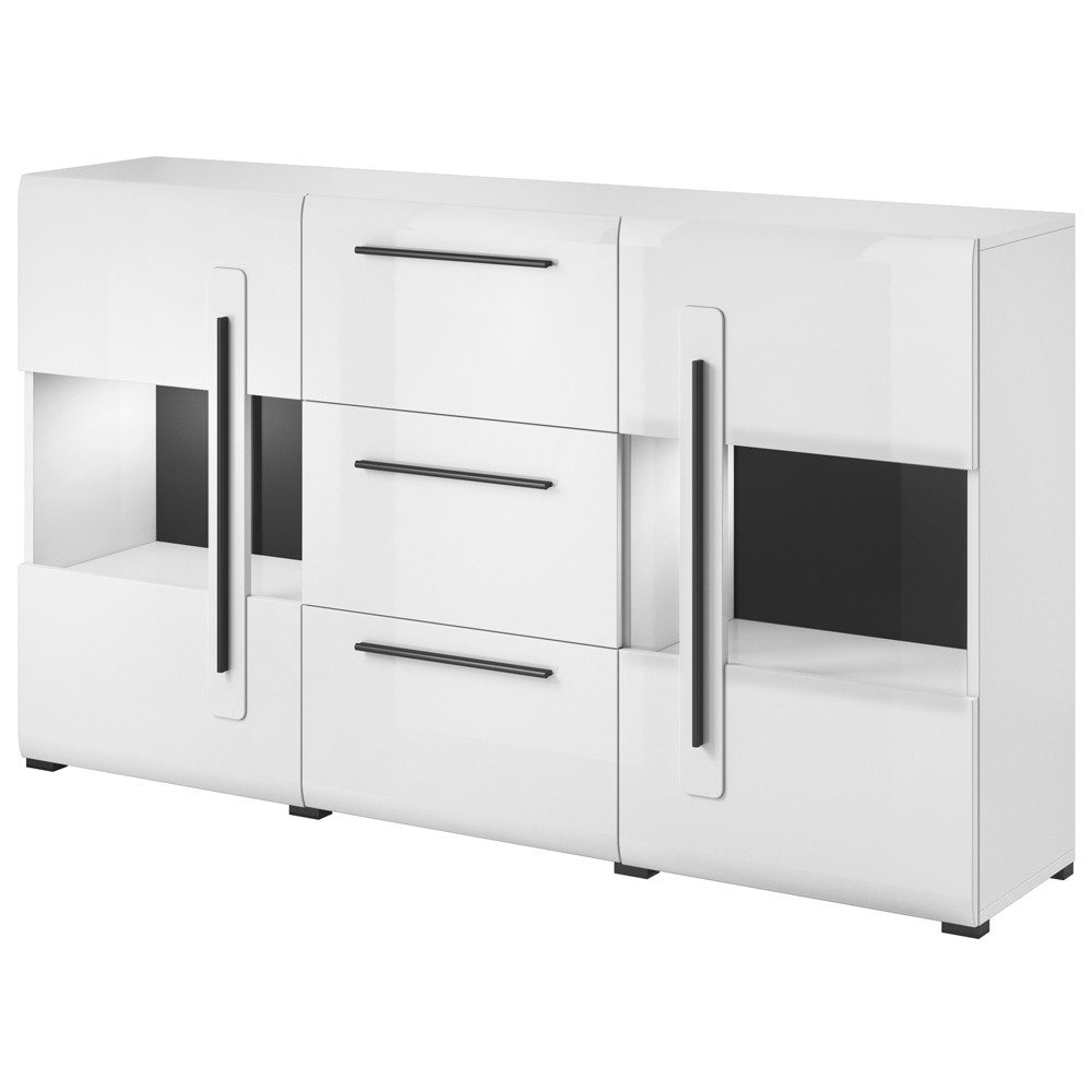 Lomadox Sideboard TURDA-83, weiß Hochglanz mit LED Beleuchtung und Metallgriffen, : 180/103/39 cm