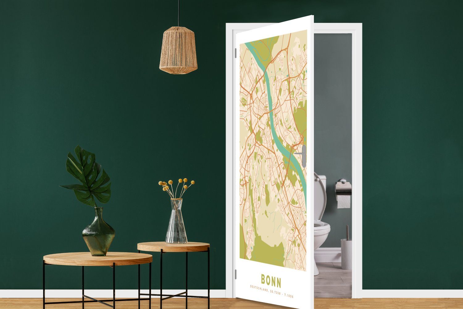 Karte Karte St), Stadtplan, Tür, cm Matt, MuchoWow (1 bedruckt, Bonn - für 75x205 - - Türaufkleber, Fototapete - Türtapete Vintage
