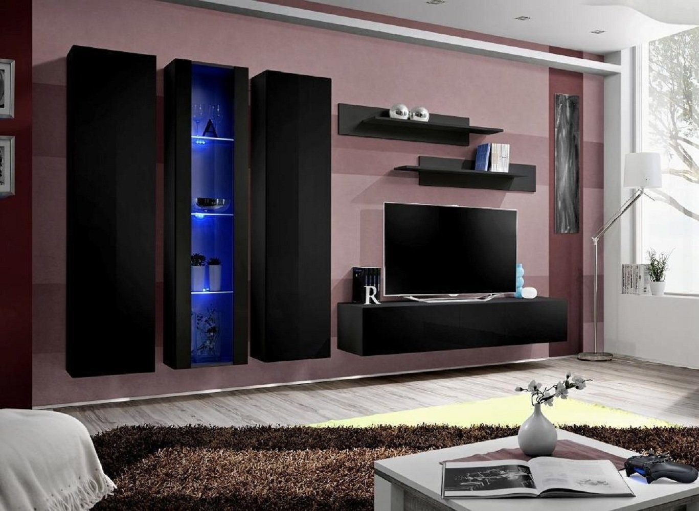 JVmoebel Wohnzimmer-Set Holzmöbel Wohnwand Wandschrank Schwarz TV-Ständer Garnitur, (7-St., 1x Wohnwand+1x TV Ständer+1x Hänge Vitrine+2x Wandschrank+2x Wandregal), Made in Europa