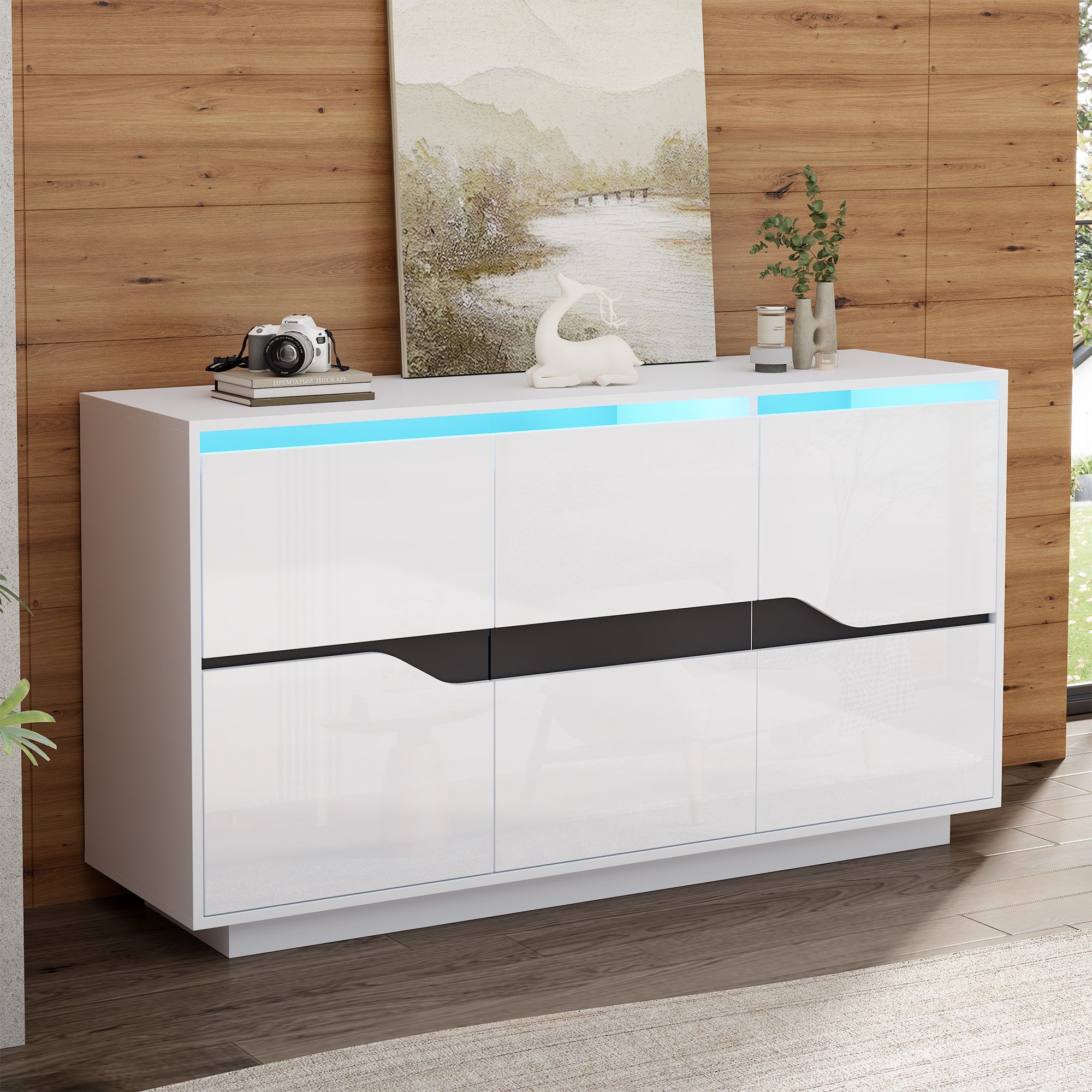 Merax Sideboard 140x40x76cm (1 St., Hochglanzfront in Weiß-Schwarz), Kommode Anrichte mit 3 Türen, verstellbaren Einlegeböden & LED-Licht