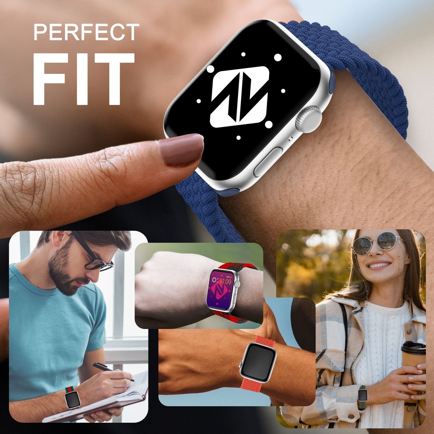 Nalia Smartwatch-Armband Apple Watch 38/40/41/42mm, Flecht-Stoff Uhr Ersatzband / Metall-Schließe / Stufenlos verstellbar – Bild 5 von 5