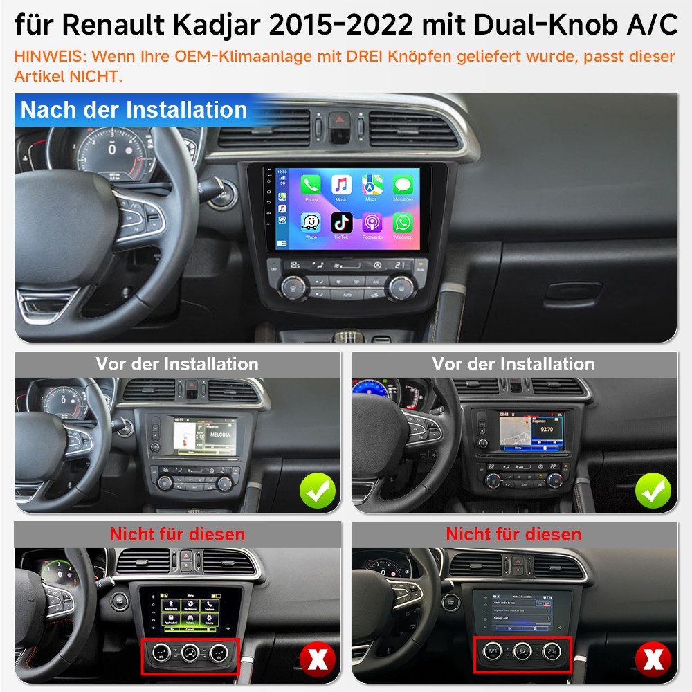 A-Sure Für Renault Kadjar 2015-2019 Android 15 4G+64G Carplay GPS RDS BT SWC Autoradio (Digitalradio (DAB), FM, AM, 1280*800 IPS Screen/8-Core CPU) – Bild 2 von 5