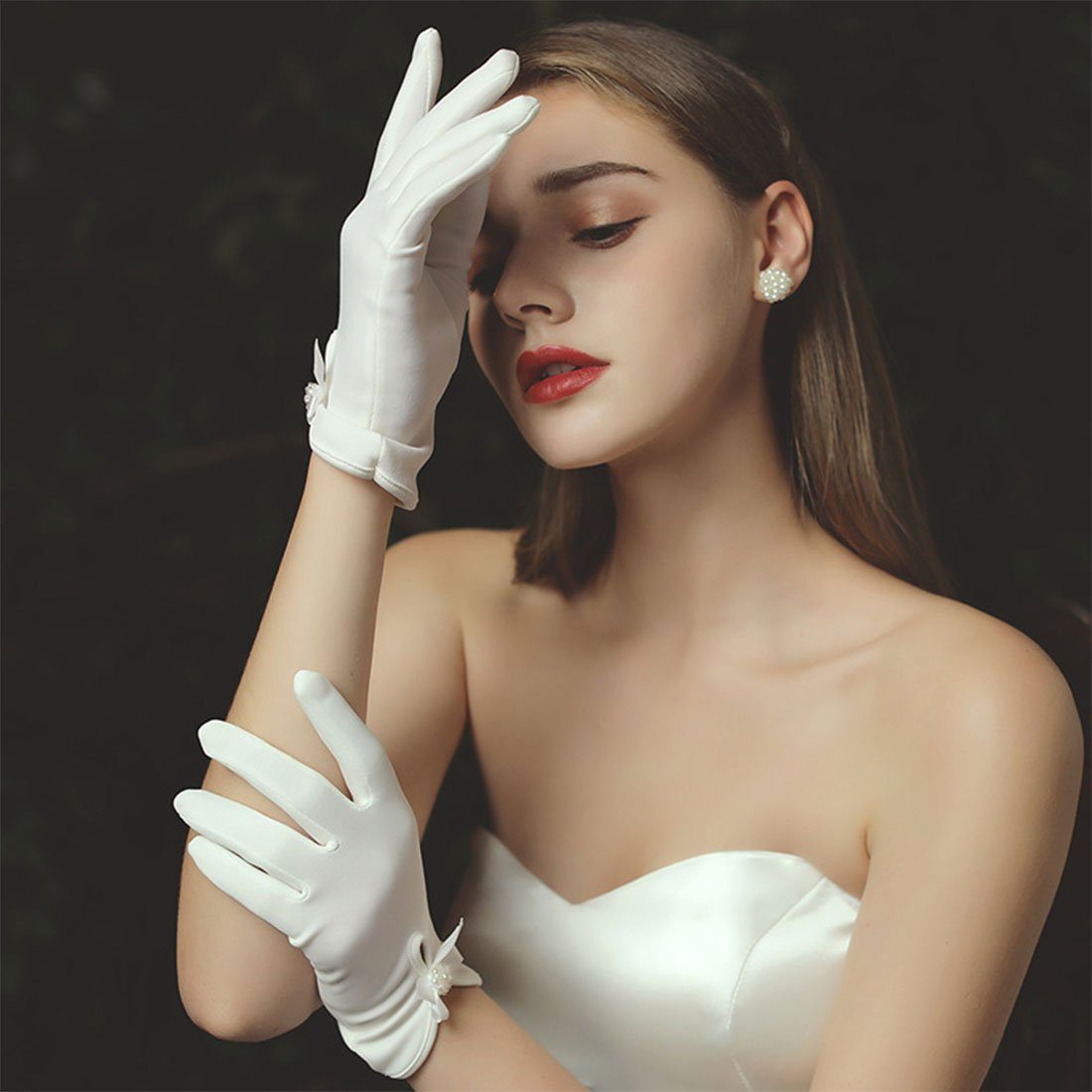DÖRÖY Abendhandschuhe Weiße Handschuhe für Brautkleider, kurze Handschuhe aus Stretch-Satin