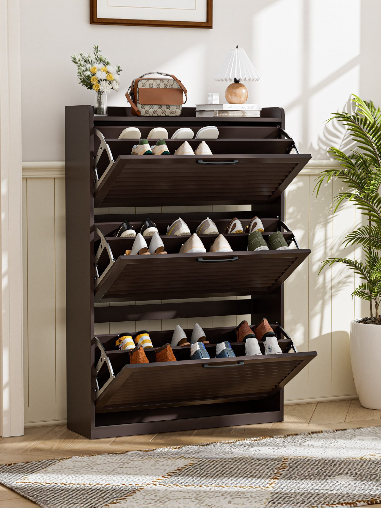 FiveWillowise Schuhschrank Schmal, Schuhkipper Schuhregal Schuhkommode, Schuhaufbewahrung (1-St) mit Lamellentür, 3 Klappen, und 6 Verstellbar Ablageflächen
