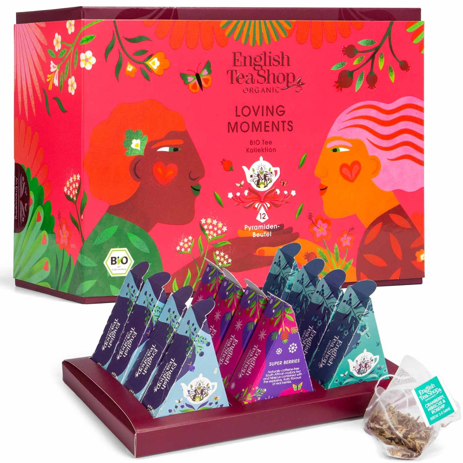 English Tea Shop Tee Geschenk "Loving Moments", BIO, 12 Pyramiden Beutel, 3 verschiedene herausragende Teemischungen.