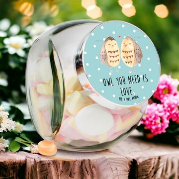 Mr. & Mrs. Panda Vorratsglas XL 2000ml Eulen Liebe - Türkis Pastell - Geschenk, Wortspiel lustig, Premium Glas, (1-tlg), Herzmotiv