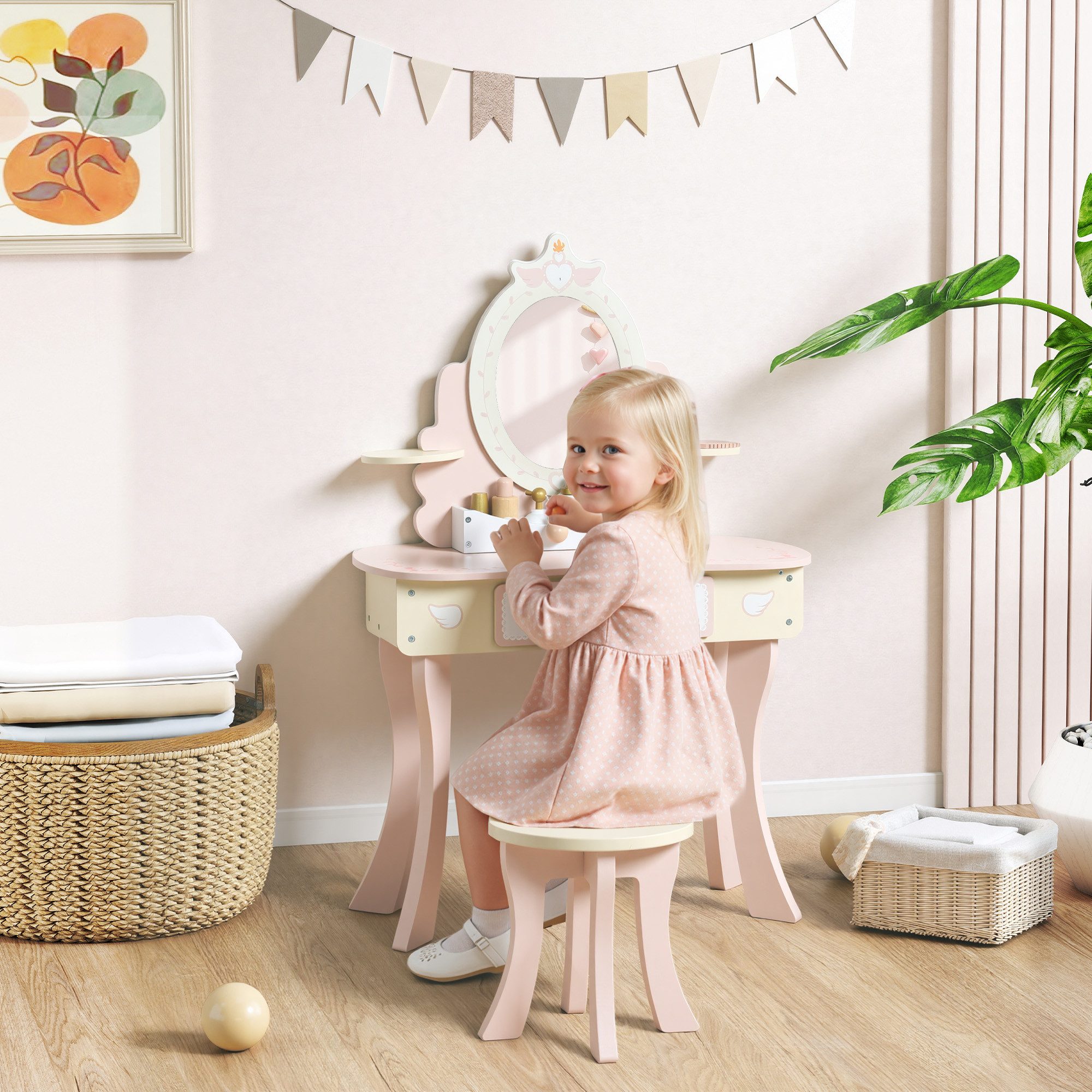 AIYAPLAY Schminktisch Kinder Schminktisch-Set mit Hocker, Schublade (Frisiertisch, 2-St., 2-in-1-Kosmetiktisch), für Kinder ab 3 Jahre, Rosa