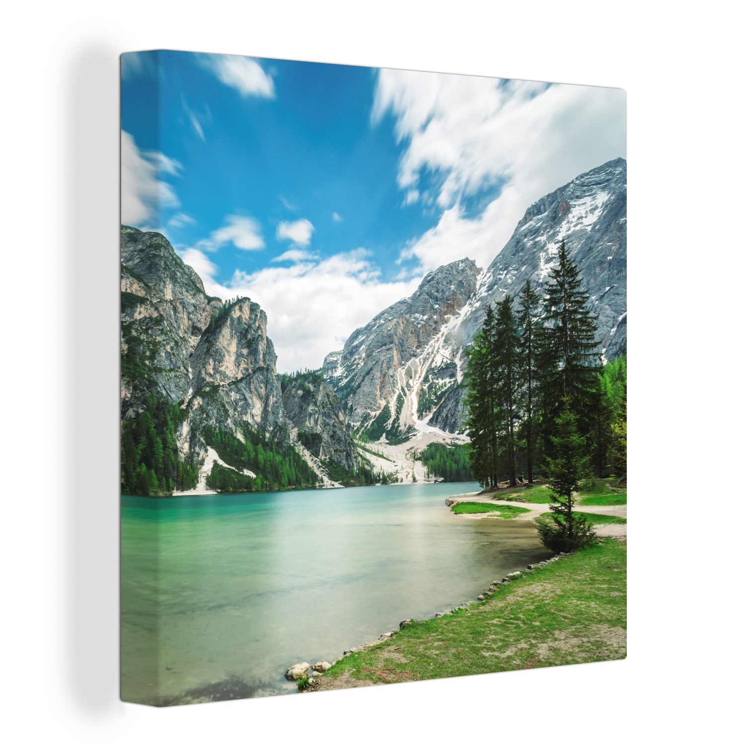 OneMillionCanvasses® Leinwandbild Tannenbäume am Pragser Wildsee in Italien, (1 St), Leinwand Bilder für Wohnzimmer Schlafzimmer