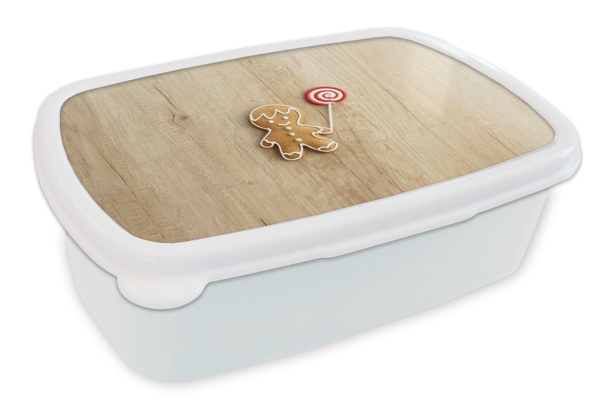 MuchoWow Lunchbox Lebkuchenmann mit Lutscher, Kunststoff, (2-tlg), Brotbox für Kinder und Erwachsene, Brotdose, für Jungs und Mädchen weiß
