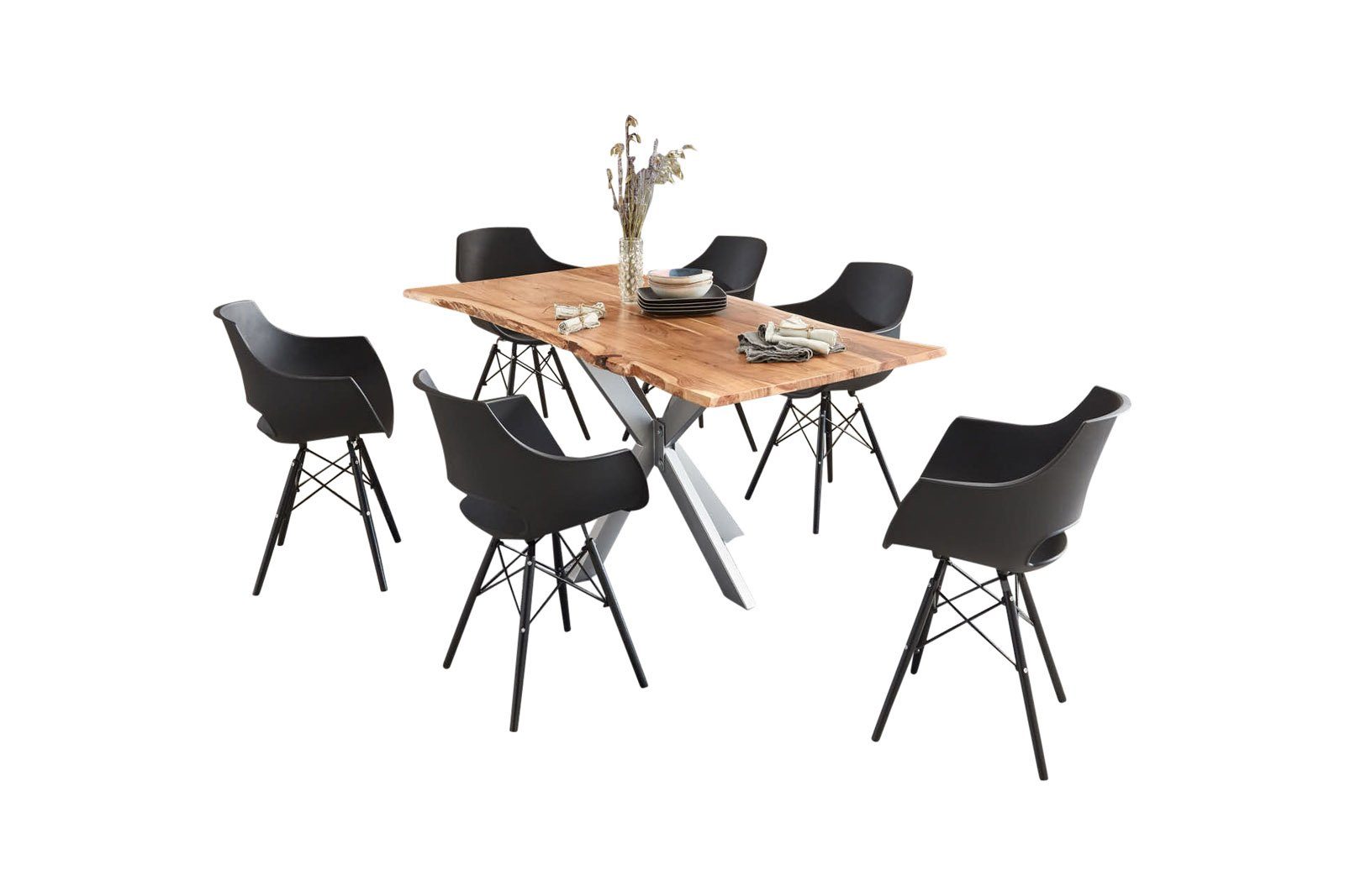 SAM® Esstisch Essgruppe Baumkante Spider-Gestell 120 x 80 silber Massiv Akazie Stuhl