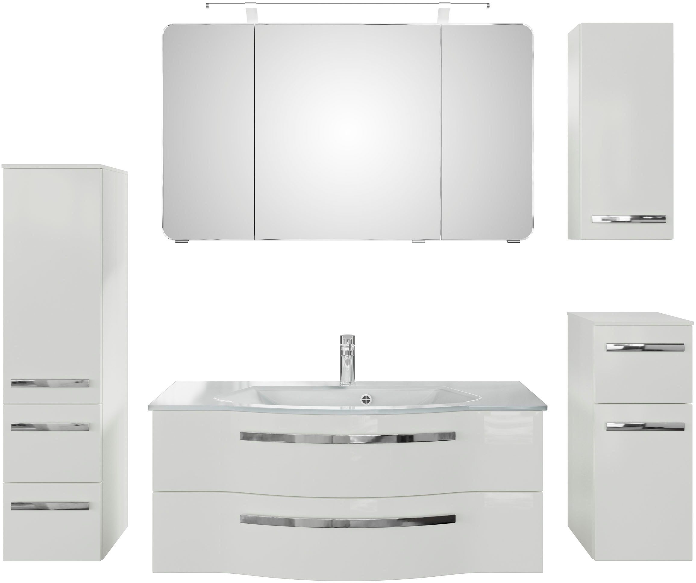 Saphir Badmöbel-Set Serie 4005, vormontiert, Glaswaschbecken, Spiegelschrank, (Set, 6-St), Badezimmer-Set mit Unterschrank, Hängeschrank, Midischrank, Türdämpfer