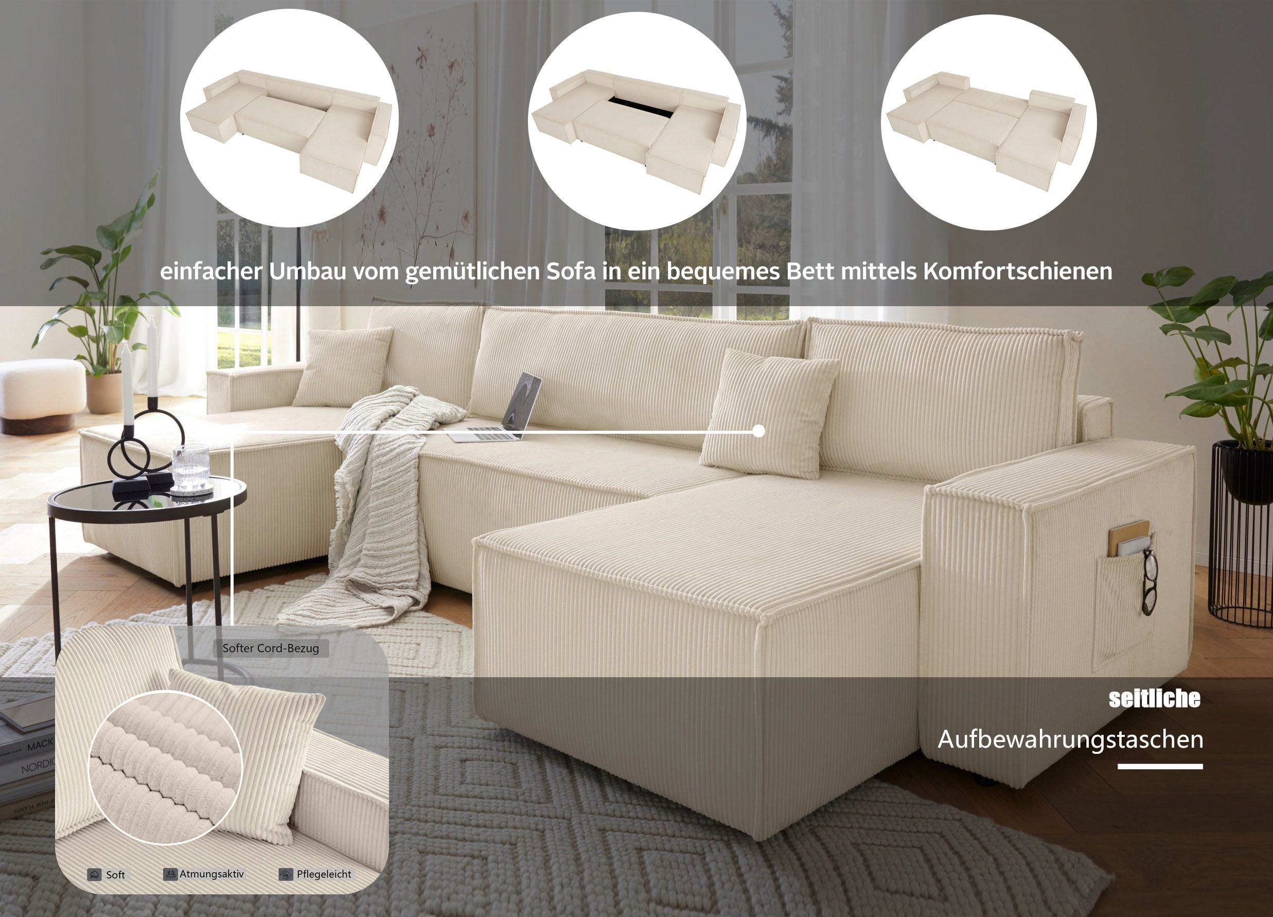 OTTO home Wohnlandschaft CASSI L-Form, 311cm - OTTO. Verlässliche Qualität., Schlaffunktion (133/270), Bettkasten, Cord, Unser Tiefpreis
