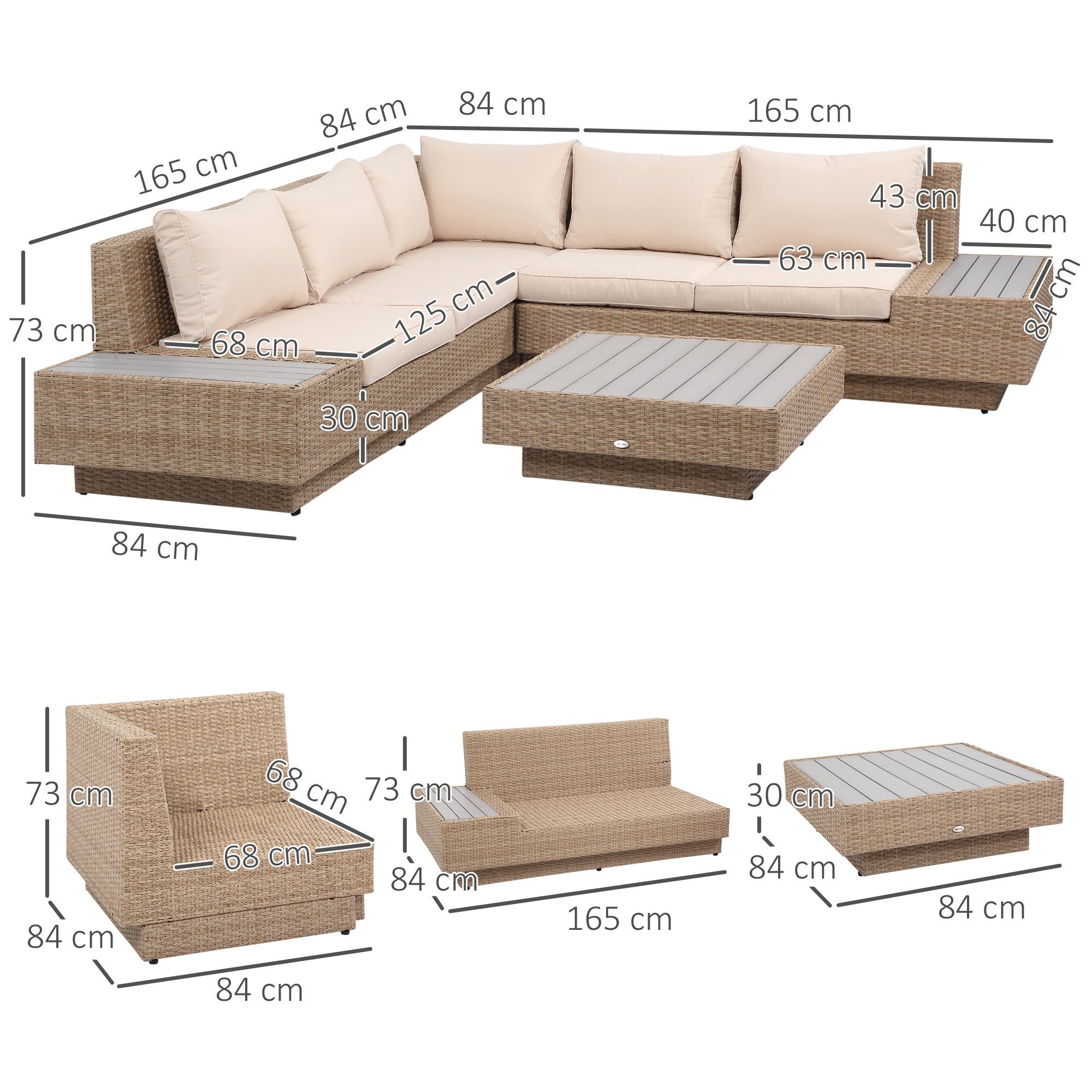 Outsunny Sitzgruppe 4-tlg. Luxus Polyrattan Gartengarnitur, (Gartenmöbel, 4-tlg., Gartensofa), für Garten, Balkon, Braun