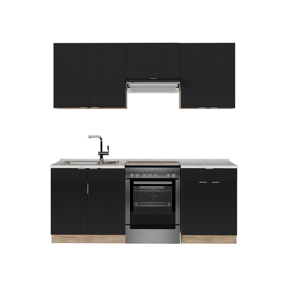 Vicco Küchenzeile Fame-Line, Schwarz gestreift/Goldkraft Eiche/Goldkraft Eiche, 200 c...