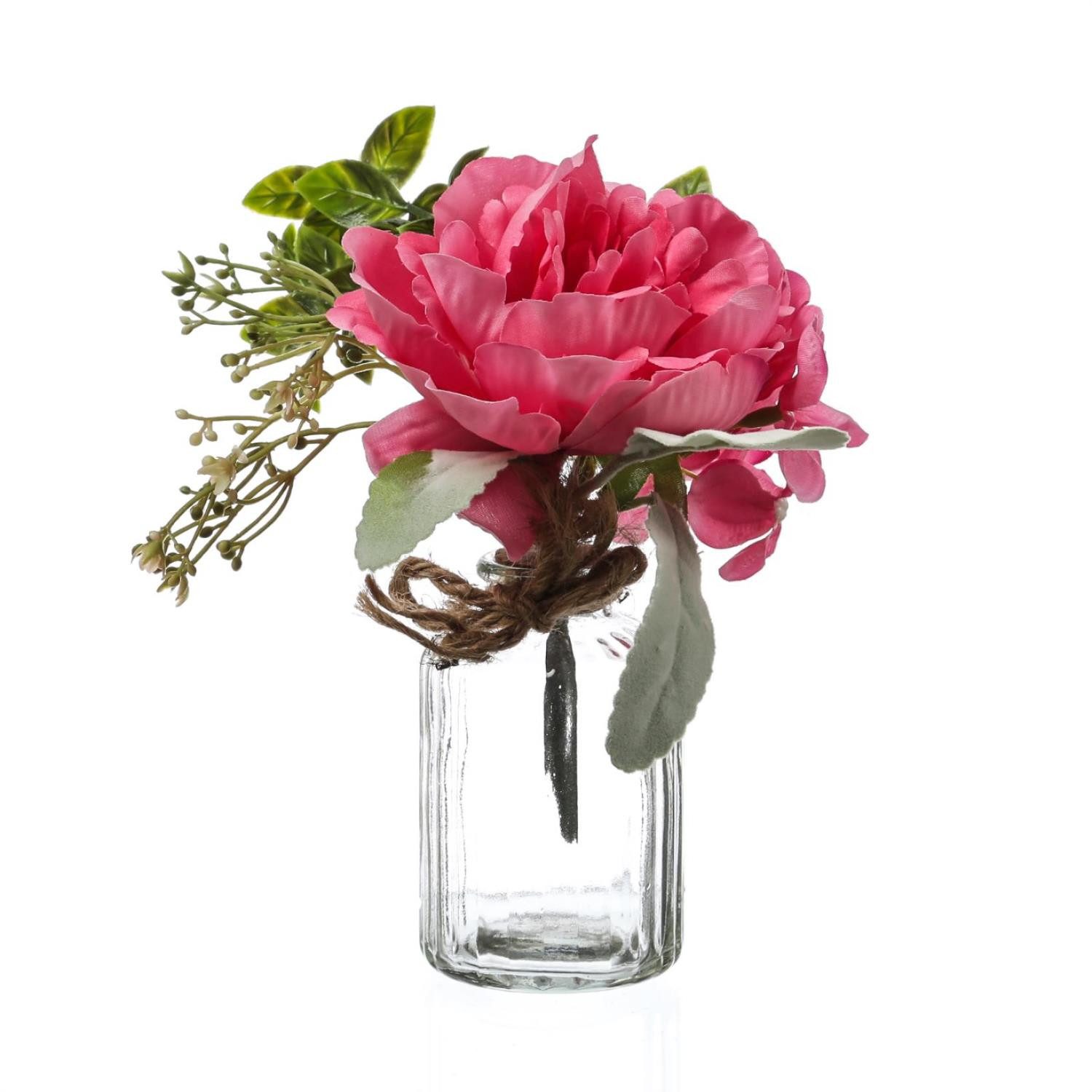 Kunstblumenstrauß Pfingstrose und Hortensie in Mini Glasvase Blumenvase Kunstblumen pink, MARELIDA, Höhe 20 cm