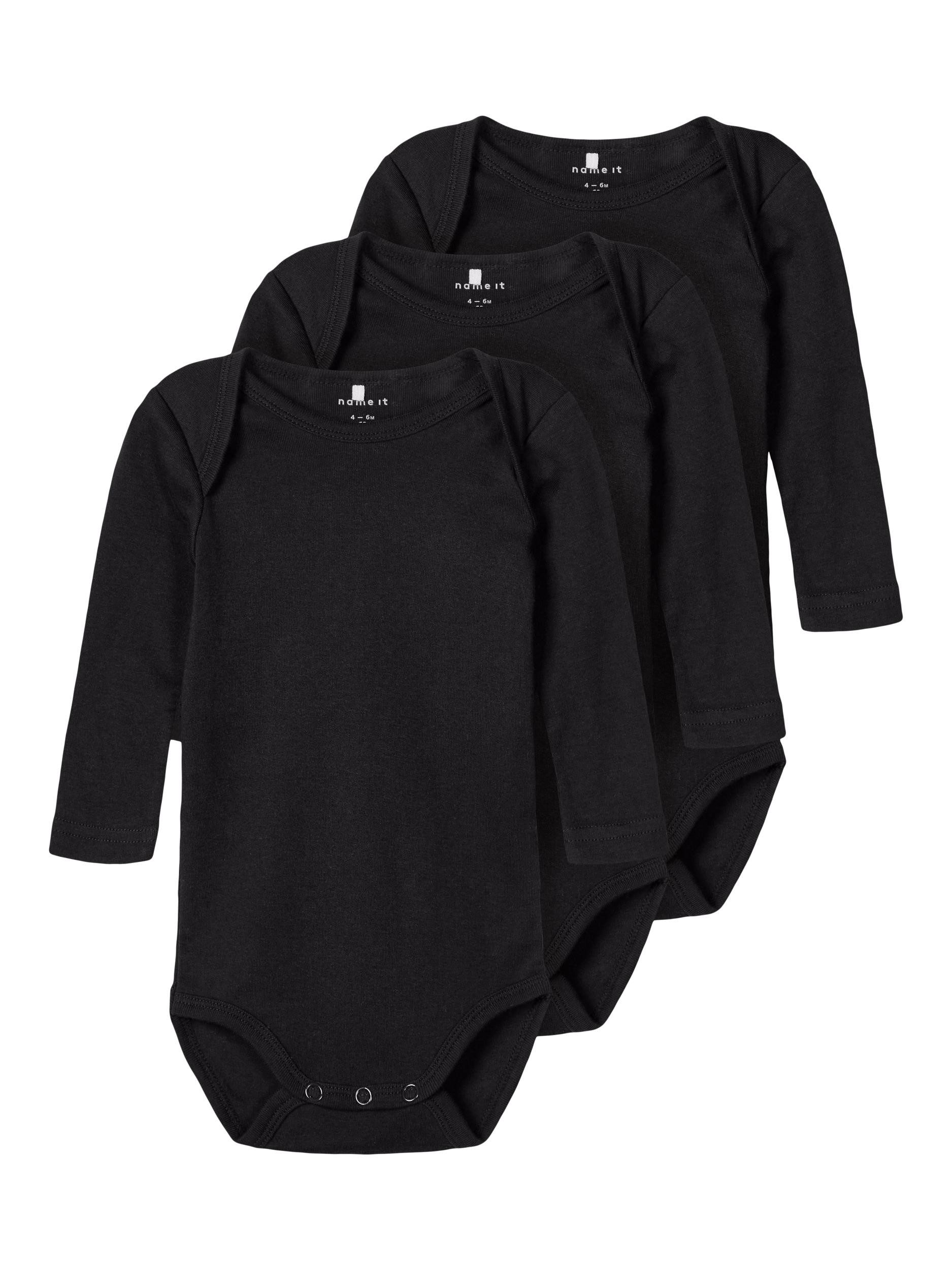 Name It Langarmbody 3er Pack Baby Bodys langarm Black 56 (Packung, 3-tlg., 3er-Pack) mit Druckknöpfen im Schritt
