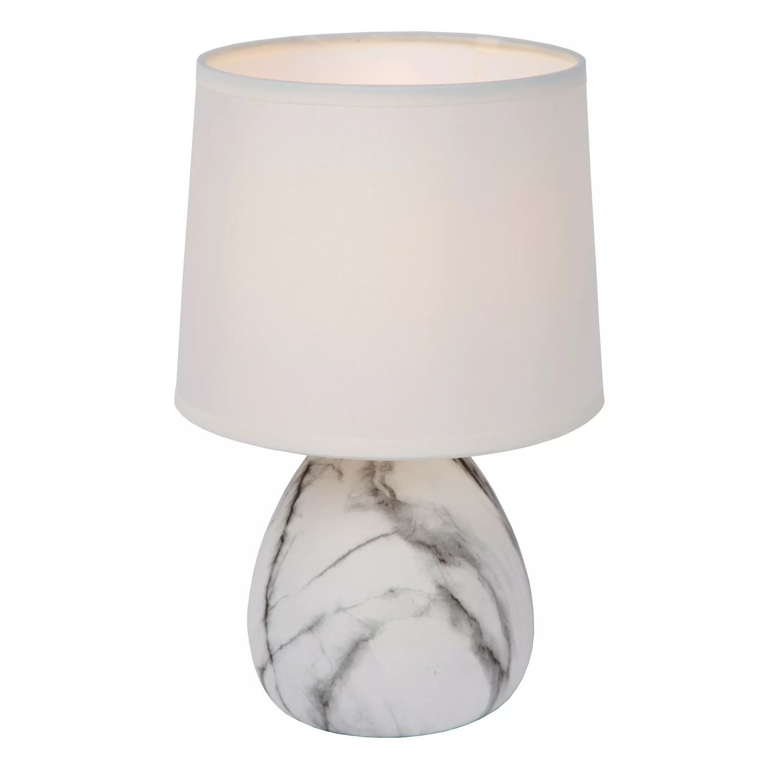 Licht-Erlebnisse Nachttischlampe FELYN, ohne Leuchtmittel, Keramik Stoff E14 rund D: 16 cm 25,5 cm Marmor Weiß Modern