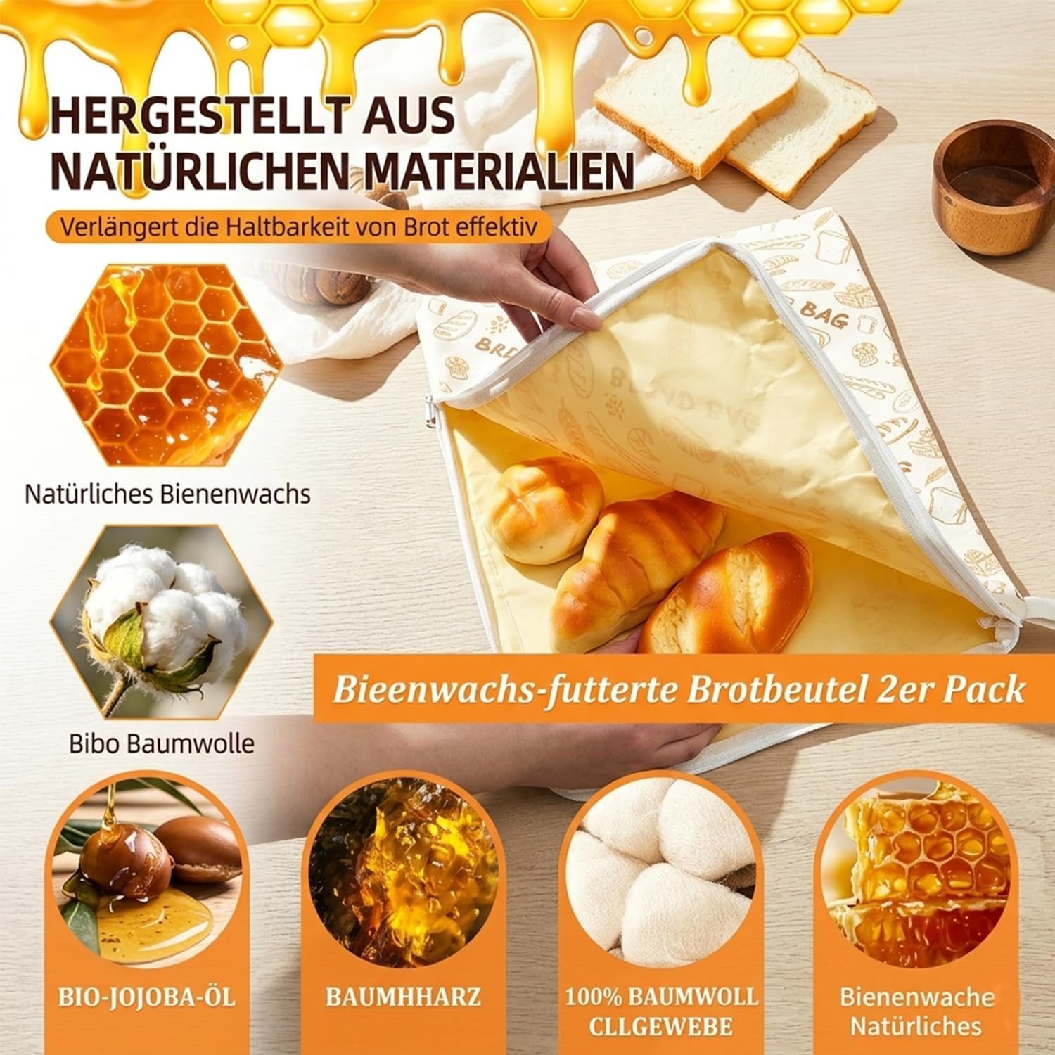 Agger Brottasche Bienenwachs Brotbeutel 2er Pack (43x33cm) – Wiederverwendbare, (2-tlg) – Bild 4 von 5