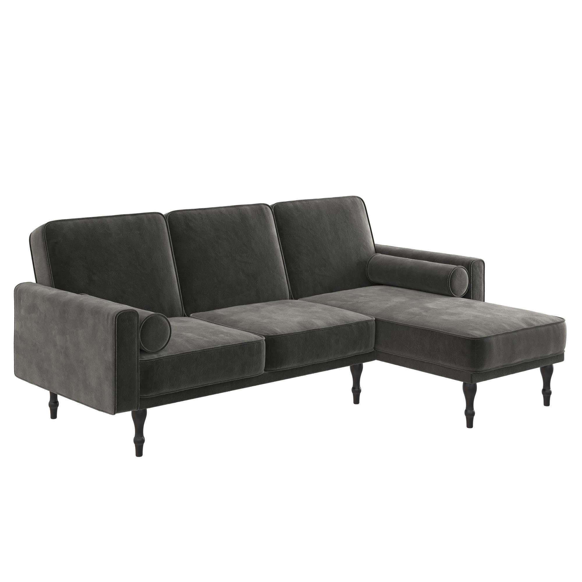 loft24 Ecksofa Edison, Samtbezug, mit grau 211 2 Nackenrollen, Breite cm, Schlafsofa