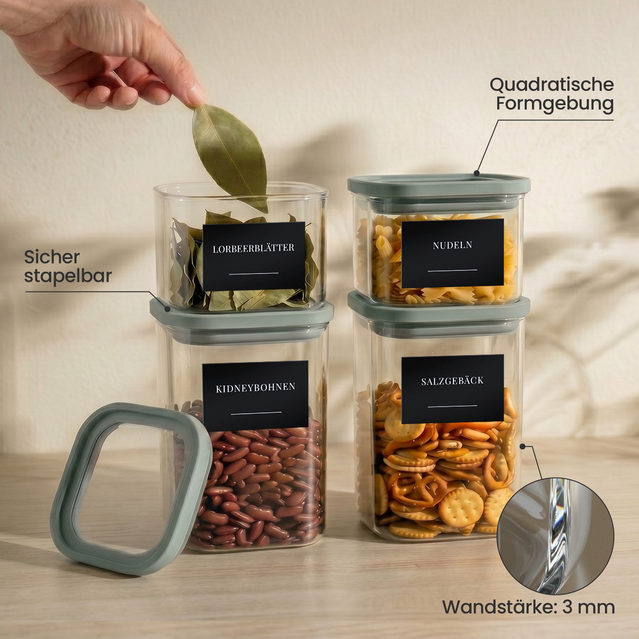 Lemontree Vorratsglas mit Deckel luftdicht inkl. Etiketten für Küche Aufbewahrung, Borosilikatglas, (Vorratsdosen Set inkl. Wasserfesten Etiketten), Glasbehälte – Bild 5 von 5