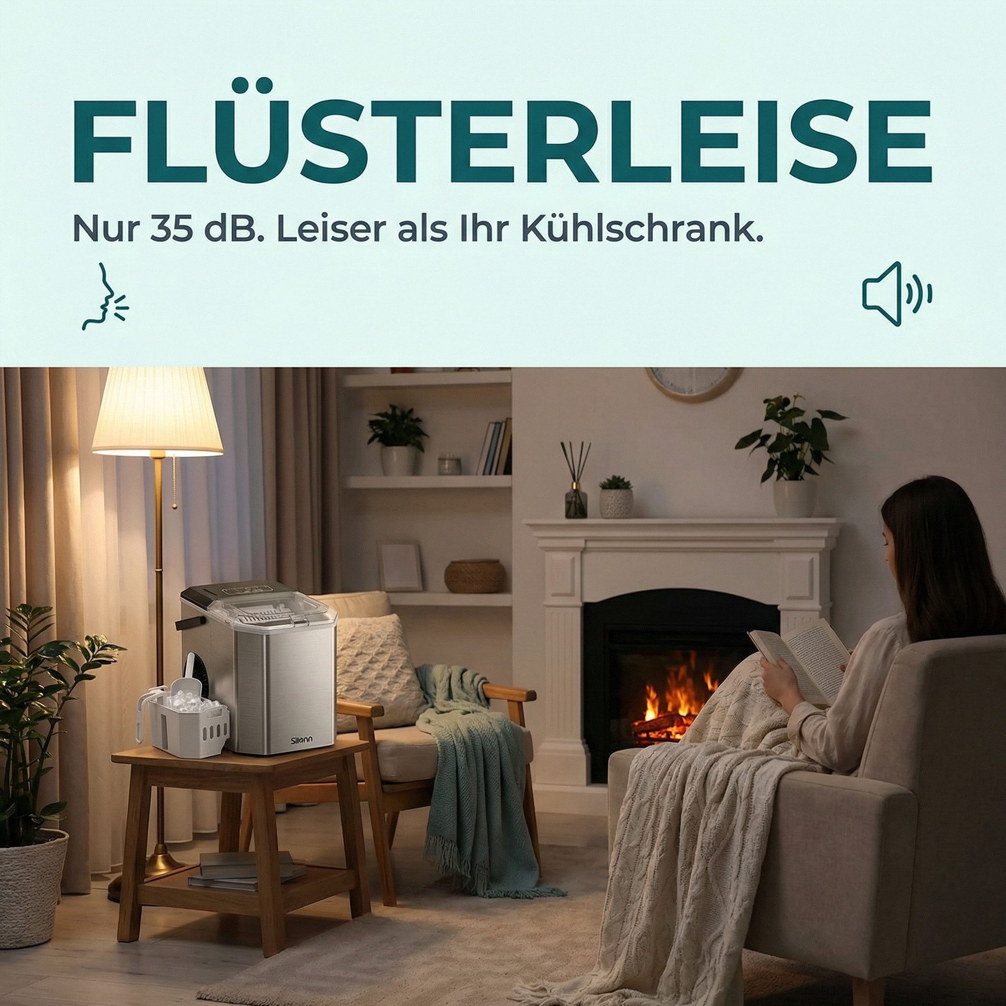 Silonn Eiswürfelmaschine 9 Würfel in 6 Min, 12 kg/Tag, 2 Eisgrößen, Eiswürfelbereiter, Tragbar, Selbstreinigend, Energiesparend, ≤ 45 dB - Für Haushalt, Camping