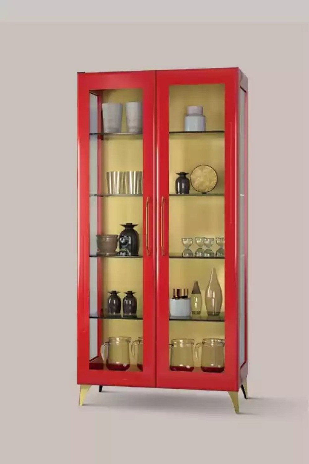 JVmoebel Glasvitrine Moderne Vitrine aus Holz mit rotem Glas und goldenen Füßen (1-St., 1x Vitrine) Made in Europa