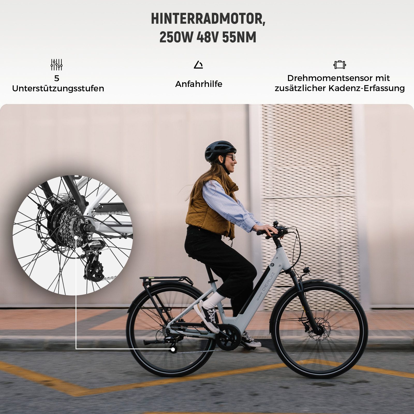 DERUIZ E-Bike Cityrad 28 Zoll, Quartz 2.0/SUV, max. 160km, Drehmomentsensor, Bluetooth+APP, 8 Gang SHIMANO Altus RD-M310 Schaltwerk, Kettenschaltung, Heckmotor, 644 Wh, (5 Stufen, Aluminium-Schutzbleche), Quartz 2.0, nur 20kg, Lockout-Federgabel, Elektrofahrrad, E-Citybike