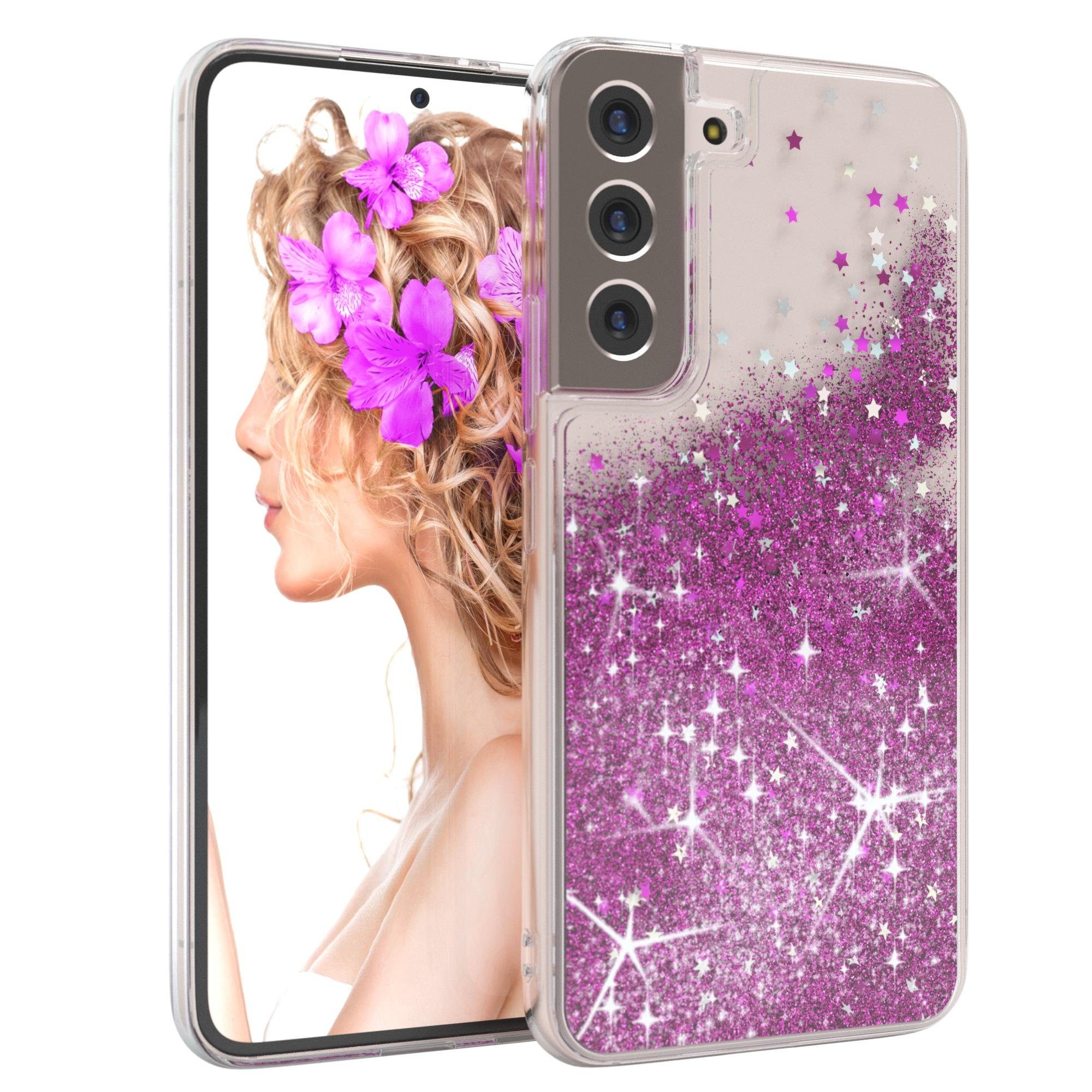 EAZY CASE Handyhülle Liquid Glittery Case für Samsung Galaxy S22 6,1 Zoll, Bumper Case Back Cover Glitter Glossy Handyhülle Etui Violett Lila