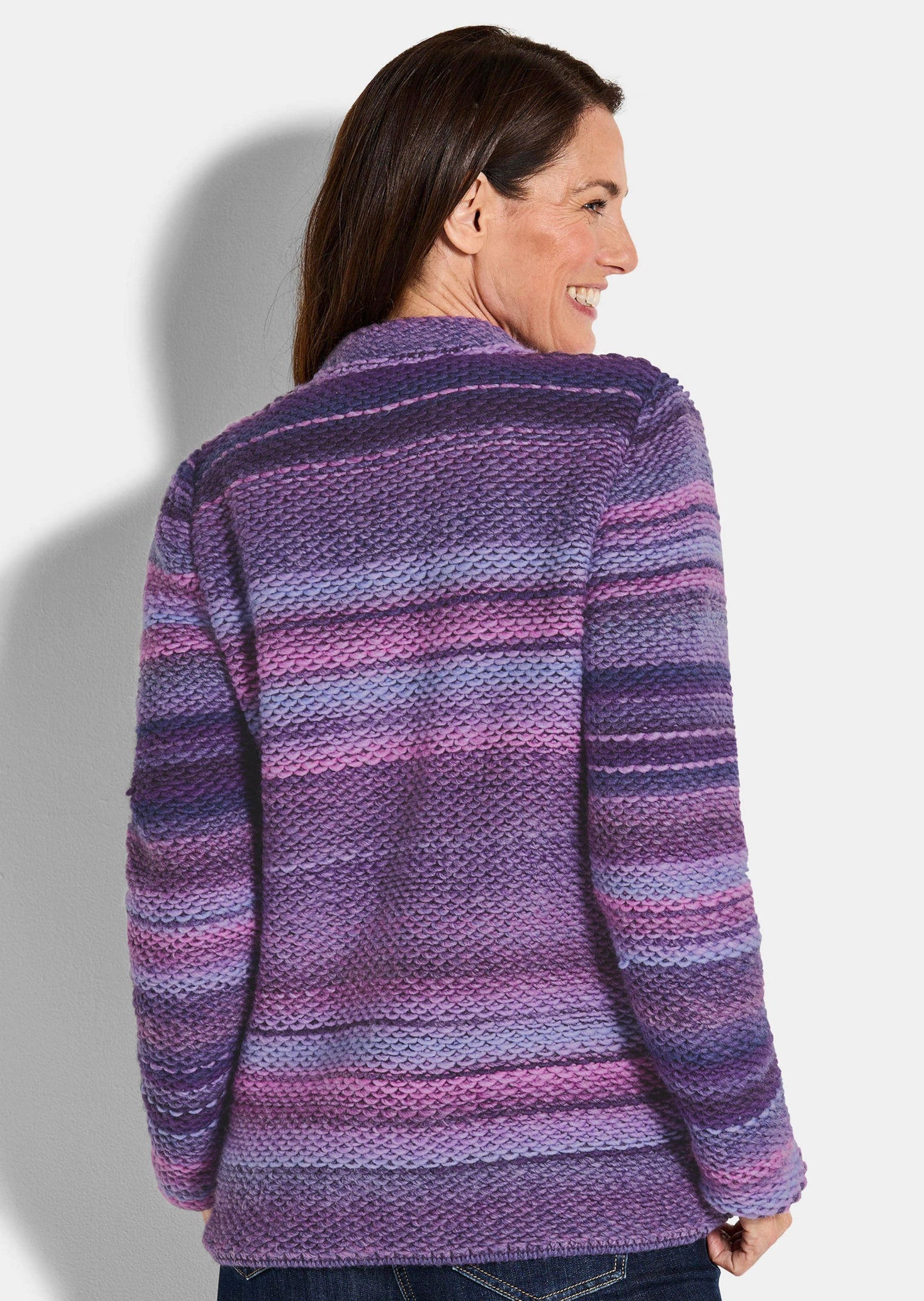 GOLDNER Strickjacke Multicolor Woll-Jacke mit Stehkragen Hüftlanger Schurwoll-Cardigan, Stehkragen, Knopfverschluss