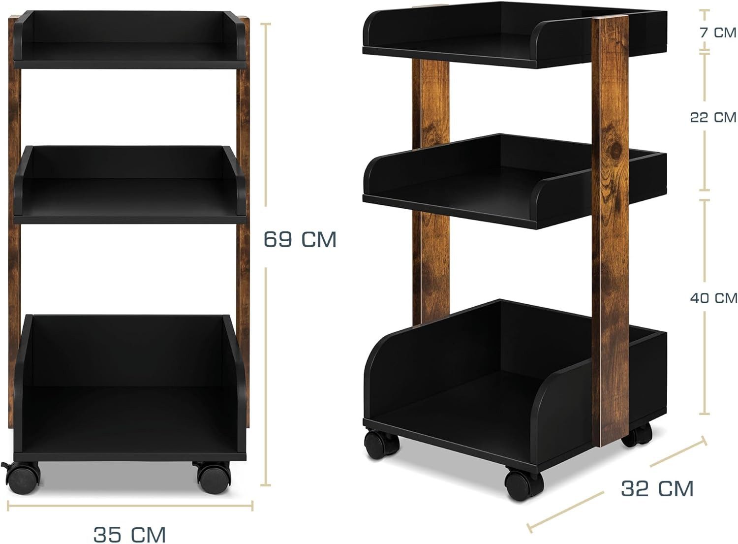 bomoe Rollwagen Aufbewahrungswagen mit Rollen 69 cm hoch Bosse Schwarz und Braun, Holz Rollwagen Badezimmer Büro Küchenwagen Schwarz Braun Servierwagen