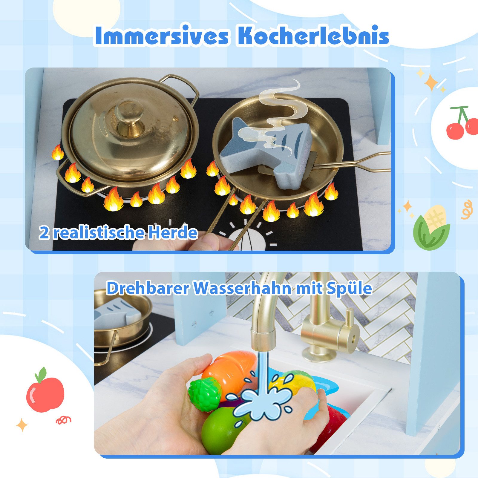 COSTWAY Spielküche Holz, Kinderküche mit Herd, Wasserhahn, Spüle, Uhr, Mikrowelle