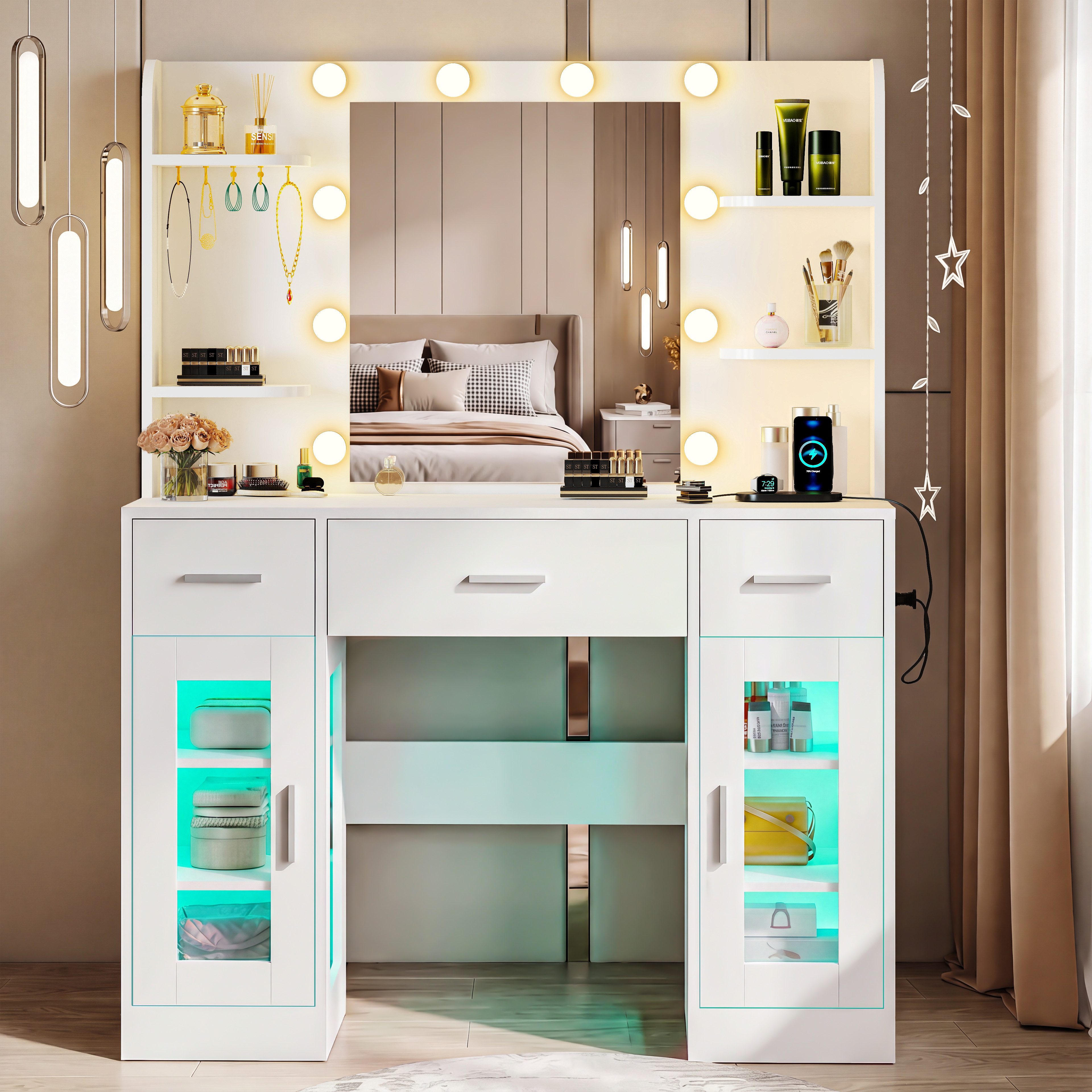 oyajia Schminktisch mit Spiegel, RGB LED-Beleuchtung, Steckdosenleiste (3 Schubladen+4 offene Fächer, 107x140x40 cm), mit Spiegel und 2 luxuriösen transparenten Vitrinen mit RGB