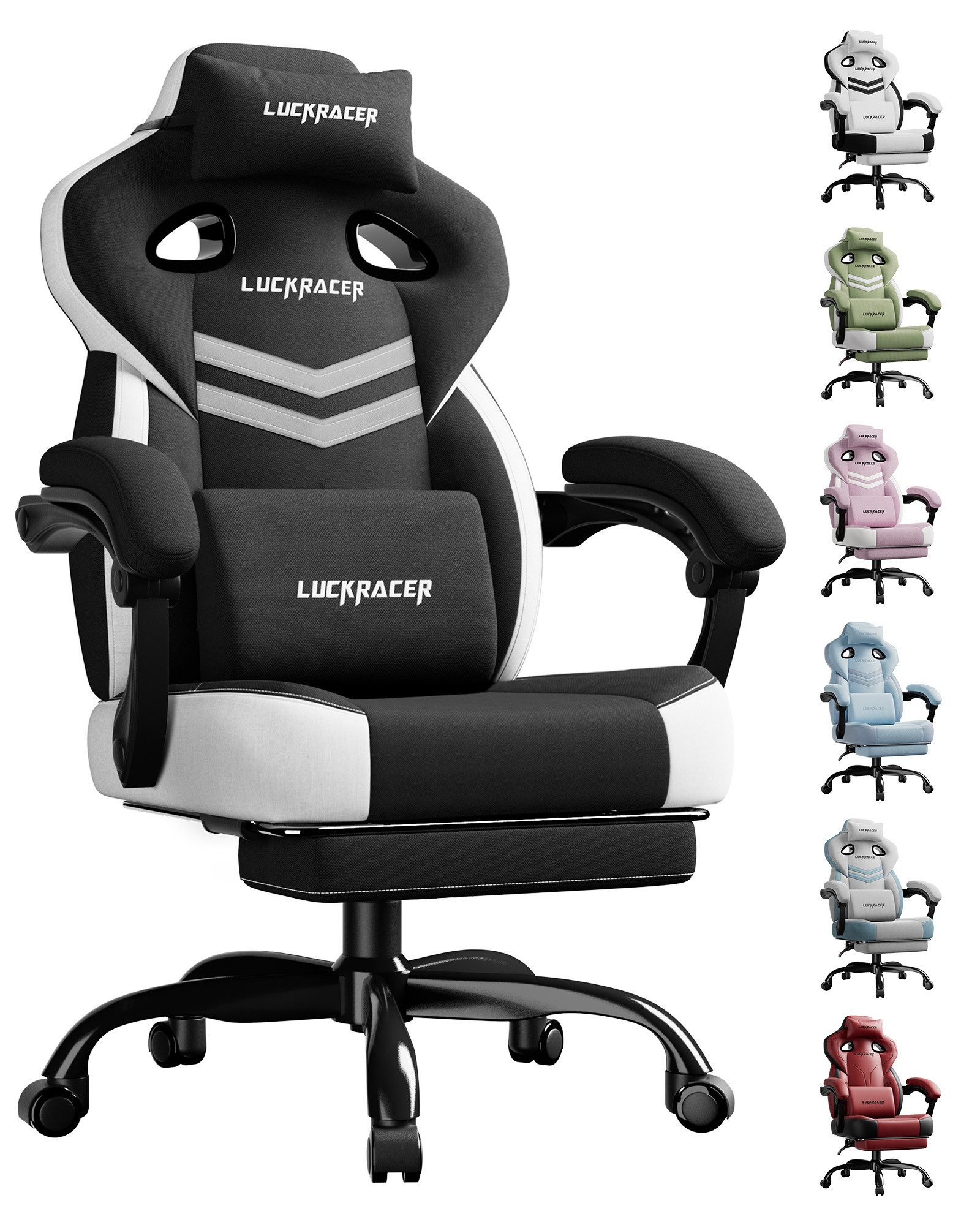 LUCKRACER Gaming-Stuhl Stoff/Kunstleder, Bürostuhl mit verbundenen Armlehnen, Memory-Schaum, 90–155° Neigungswinkel und Fußstütze