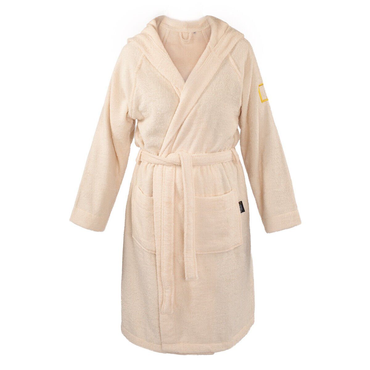 NATIONAL GEOGRAPHIC Damenbademantel für Damen M/L Beige Damenbademantel Baumwolle Wellnessmantel, Kapuze, mit Kapuze, mit Gürtel, Baumwolle, Vanille, maschinenwaschbar